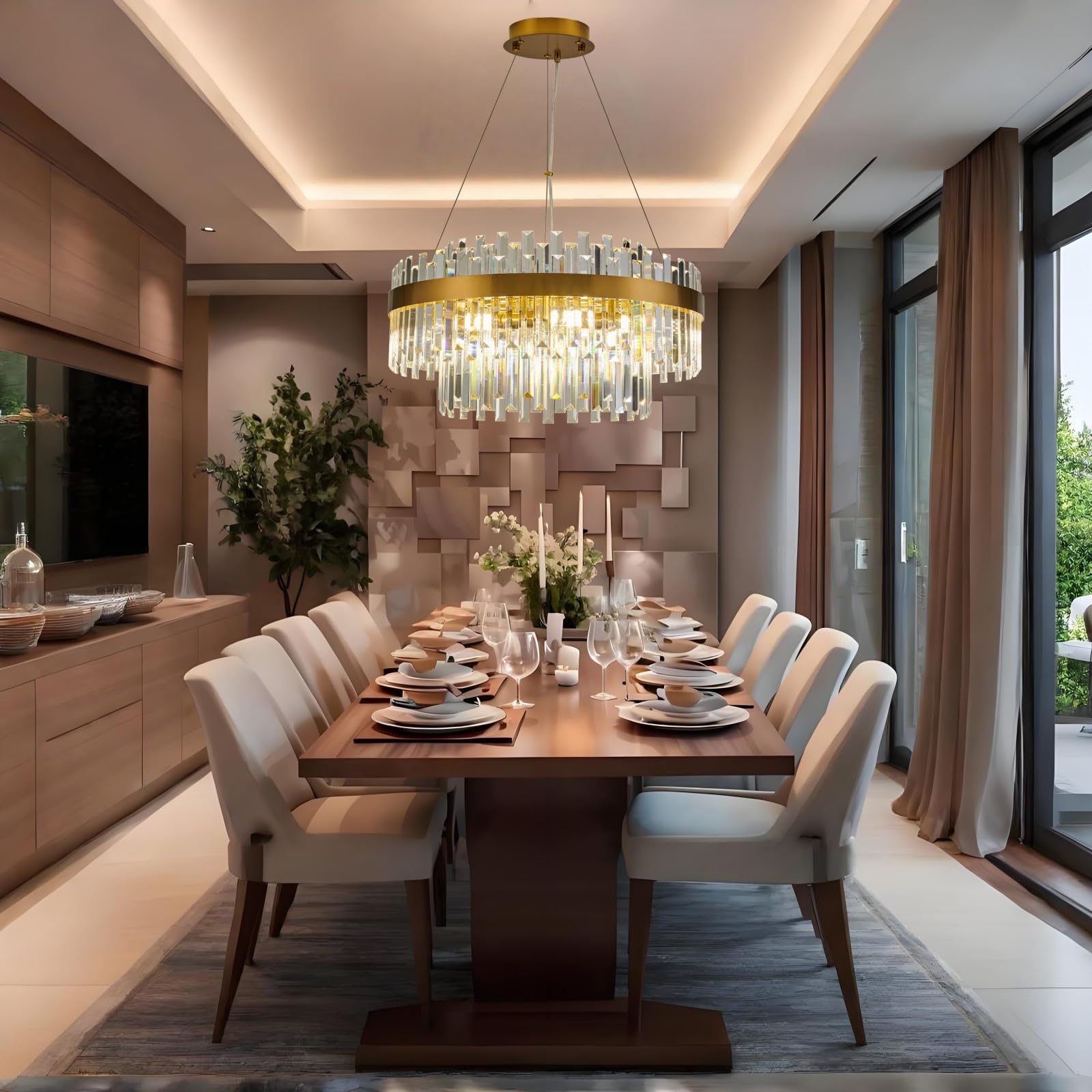 PAFEE 24" Modern 9-Light Gold Crystal Chandelier Pendant Light Fixture for Dining Room, Living Room, Kitchen, Bedrooms - Model BK2812-G600