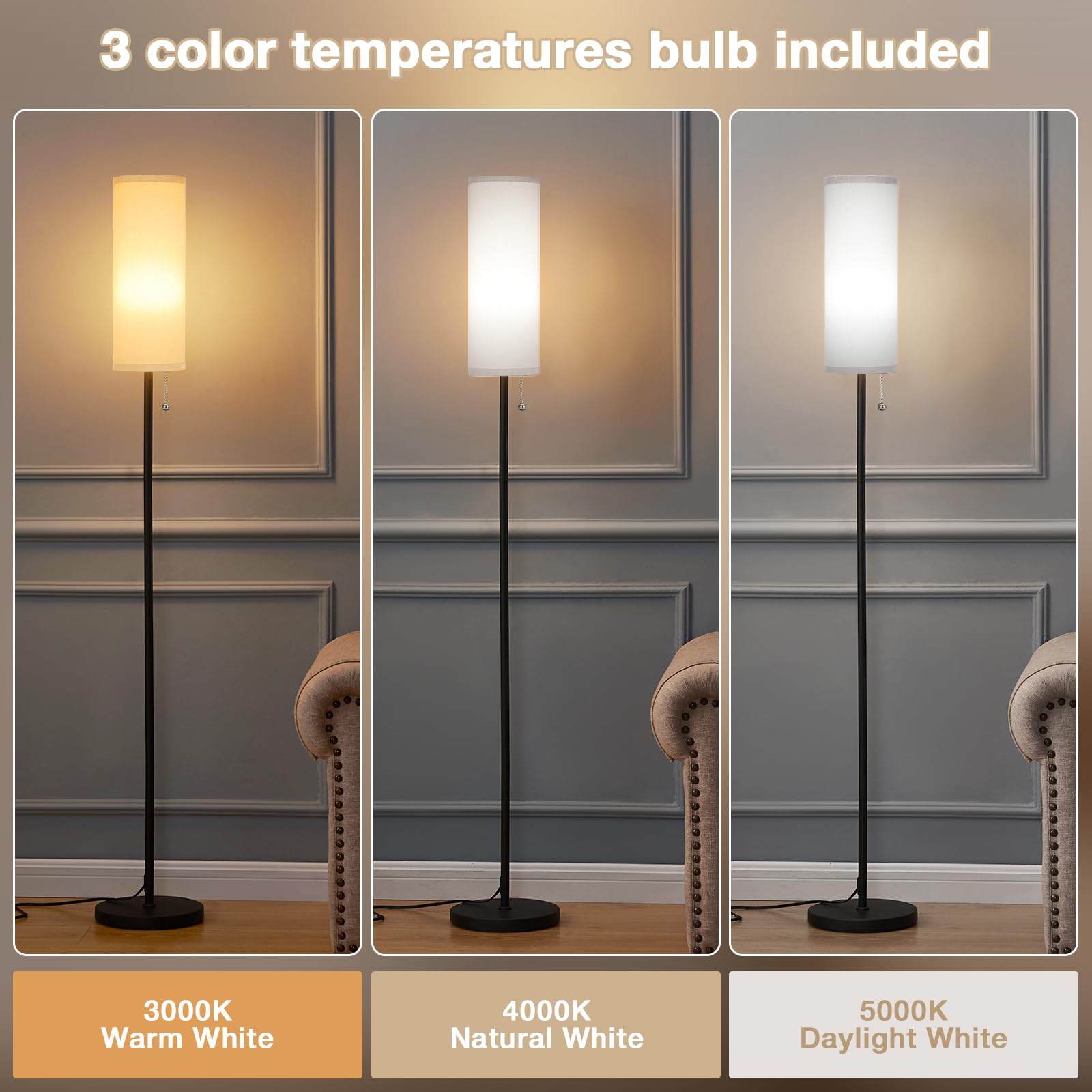 Ambimall Floor Lamp, Minimalist Grey & Black 64in Standing Lamp, Iron Material, 3 Color Temperatures, Model RPT-ZGB20203
