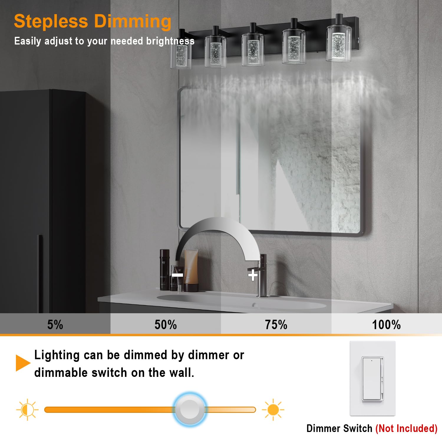 SineRise Vanity Light Fixture, 5-Light Dimmable LED, 3 Color Modes, Eye Protection, Black, Model S0028