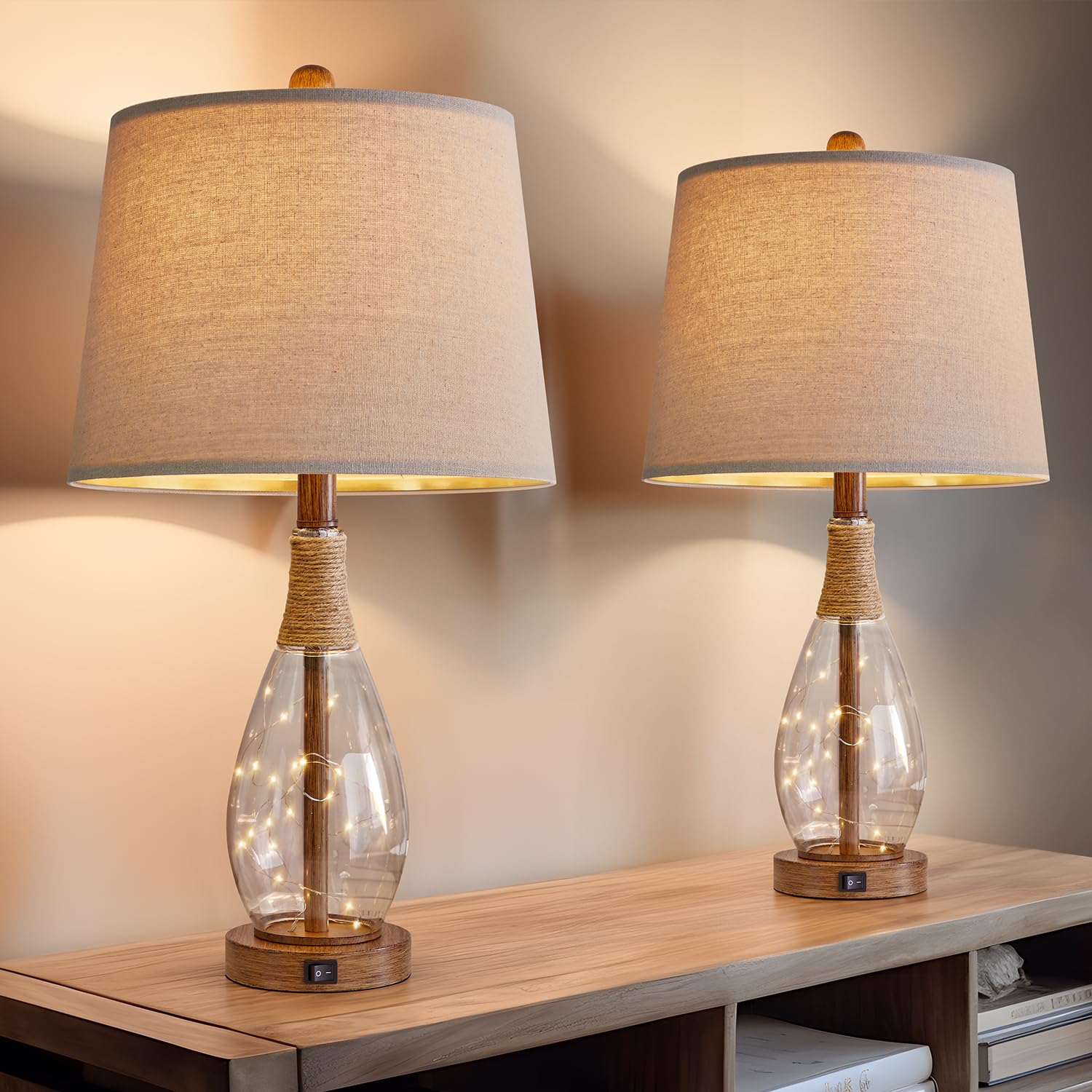OYEARS 23" USB A+C Table Lamp Set of 2, Modern Rattan & Glass Bedside Lamps, Brown, AMZ-T1140CL-U