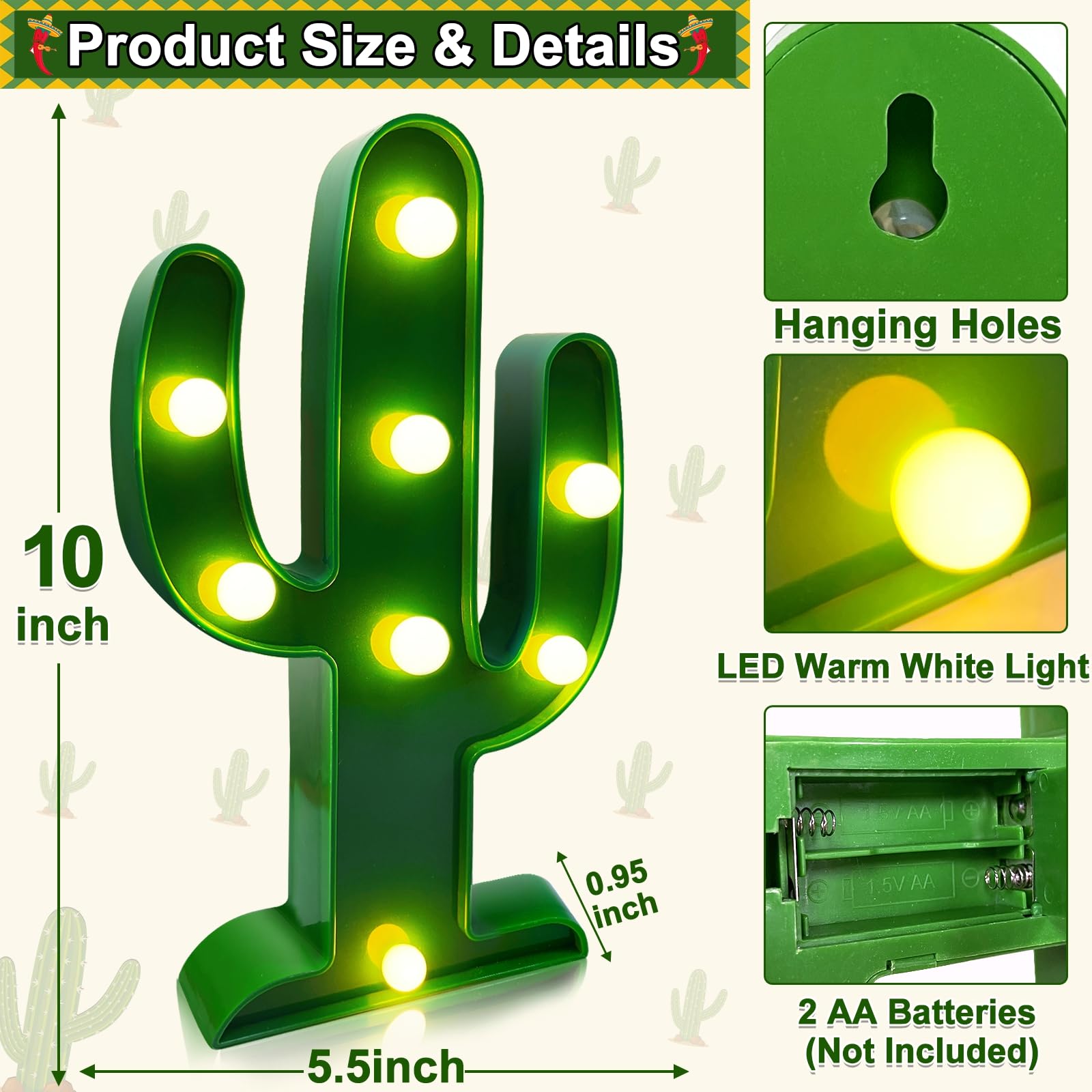 [ Extra Large & 2 Pack ] Cactus Light Mexican Party Decorations Total 16 Led 10 Inch Cactus Decor Fiesta Cinco De Mayo Decor Cute Night Lamp For Table Kids' Room Bedroom Living Room Gift Party