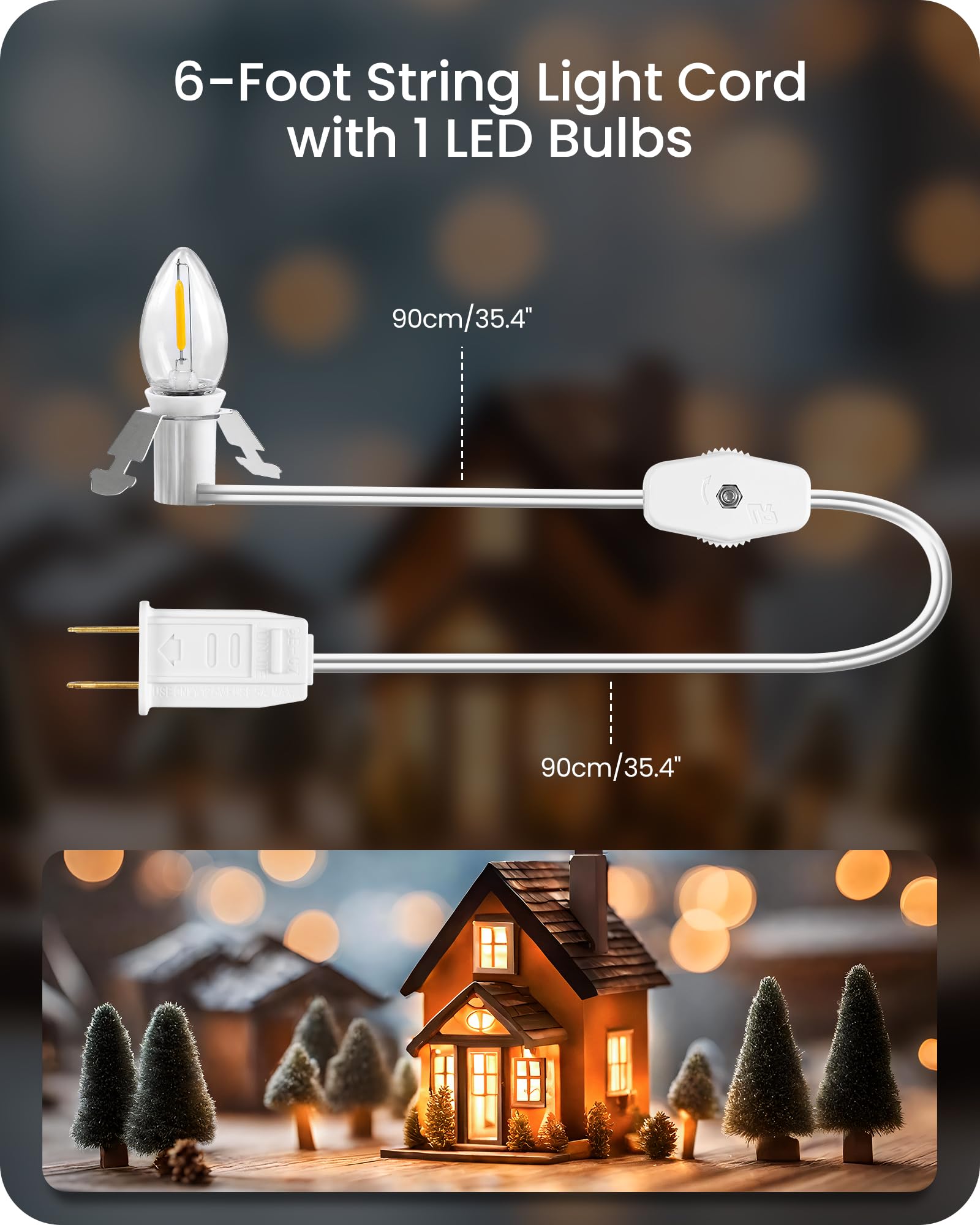 GOEBLESON Christmas Village Lights, Warm White LED String Lights, 6FT, 4 C7 Bulbs, Plastic, Holiday Decoration