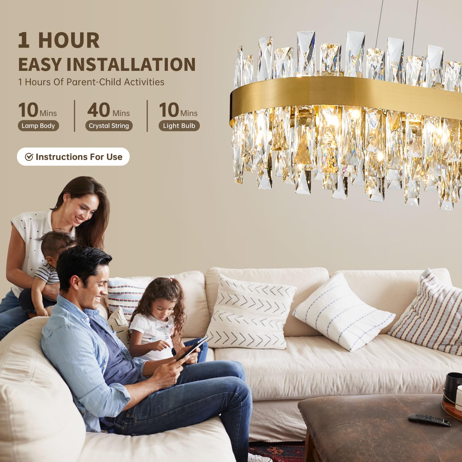 TMAFON Modern Chandelier, Rectangle K9 Crystal, 35.4in Hanging Light Fixture, Gold, Model TMAZ-8047-L900GD