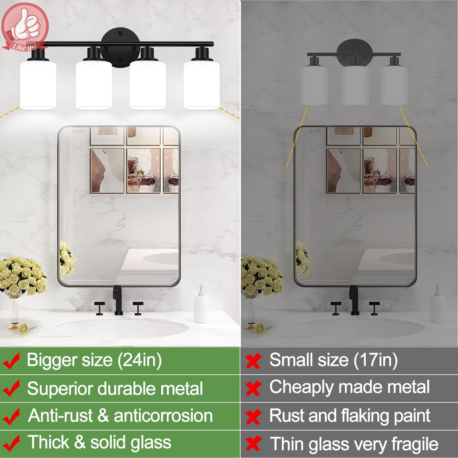 Zarbitta 4-Light Bathroom Light Fixtures, Black Vanity Lights with Milky White Glass Shades, Model OMTYX-016