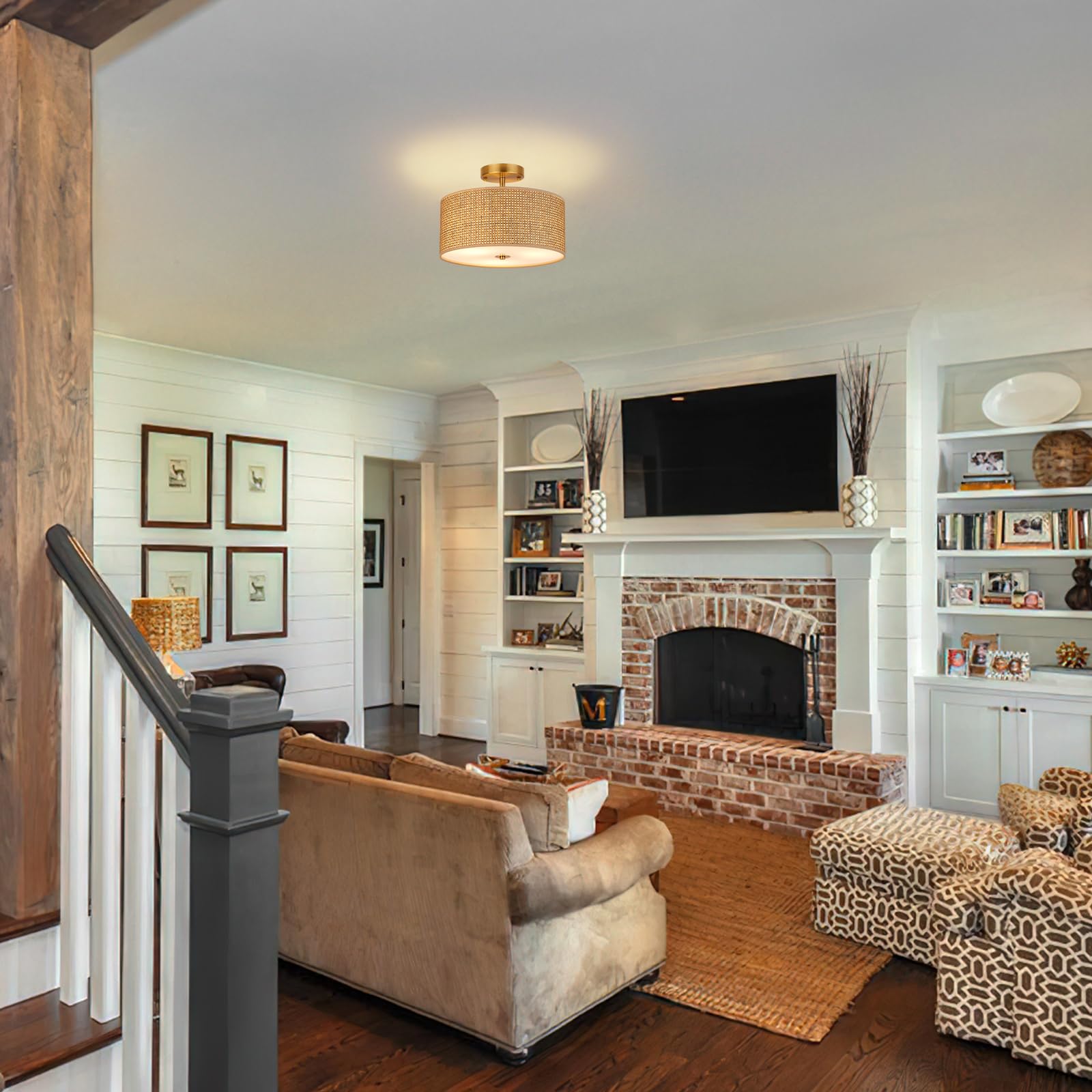 Clarsyne 13 Woven Rattan Boho Ceiling Light Fixture  3-Light Modern Semi Flush Mount Lamp With Drum Fabric Shade  Rustic Brown Lighting For Bedroom  Dining Room  Living Room  Hallway  Entryway