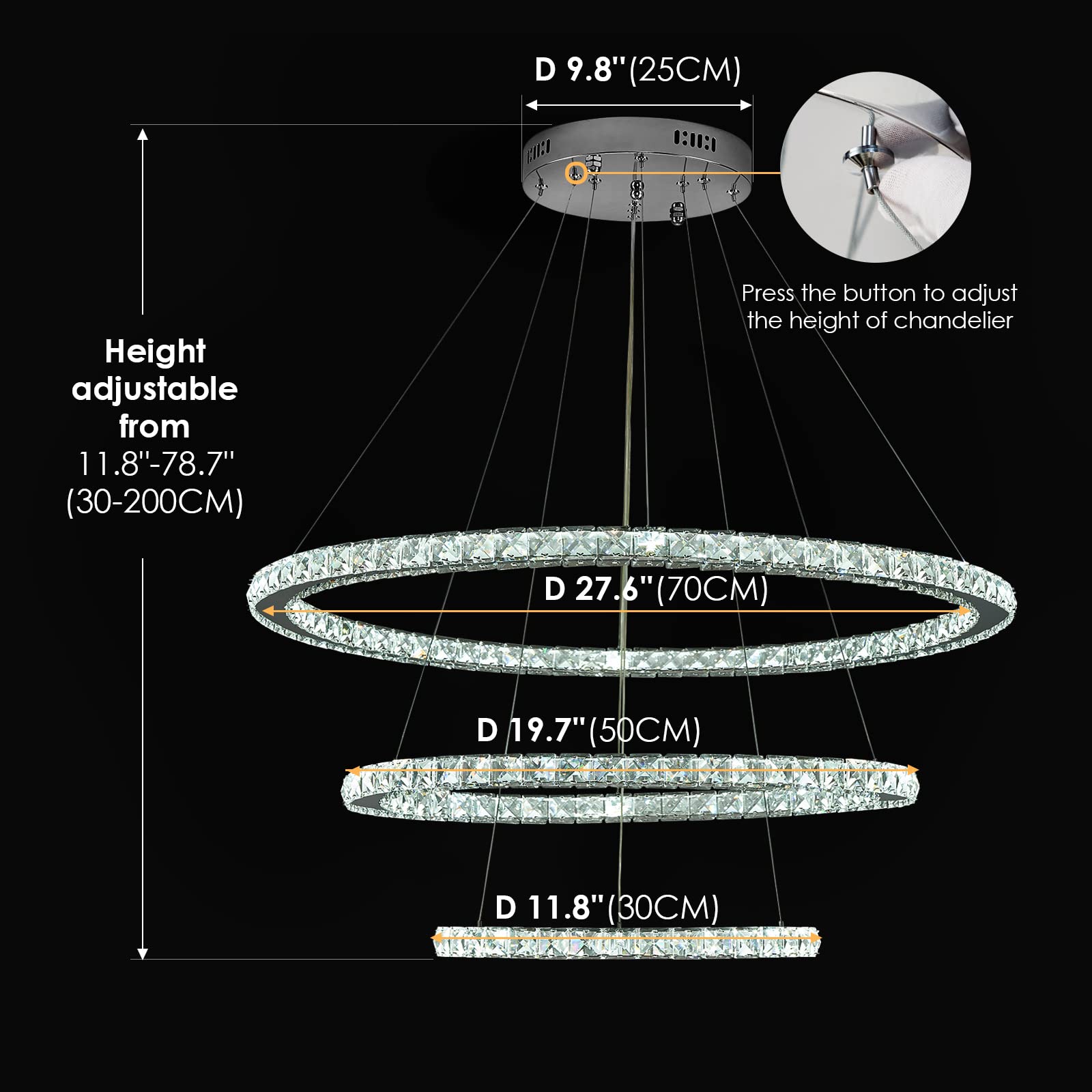 Siljoy LED Chandelier - Modern 3-Ring Ceiling Light Fixture, Adjustable, 3-Color Changing, Clear, D 12in-20in-28in, Model Siljoy102
