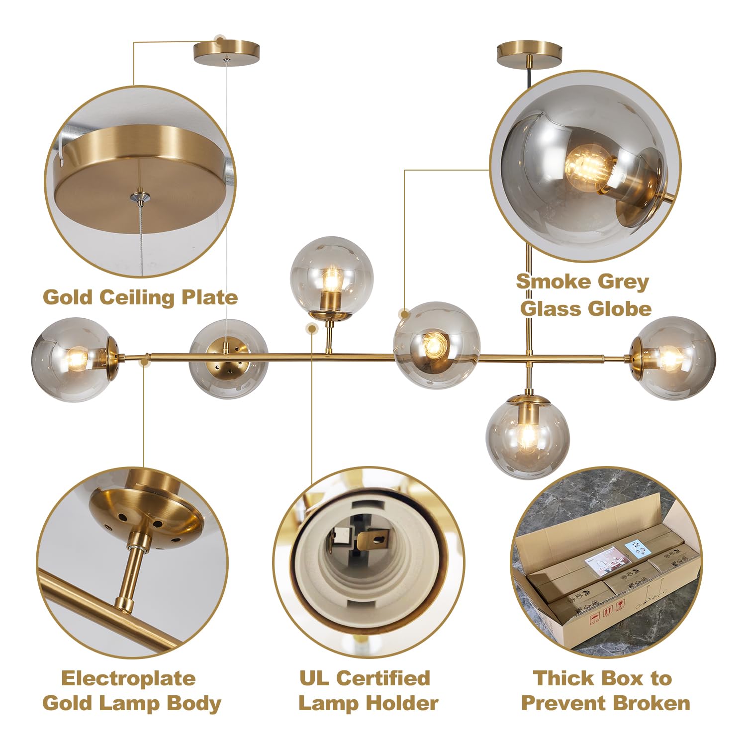 KCO Modern Globe Sputnik Chandelier - 6-Light Gold Pendant, Smoke Gray Glass, Mid Century Style, Model L1039 for Kitchen & Dining Room