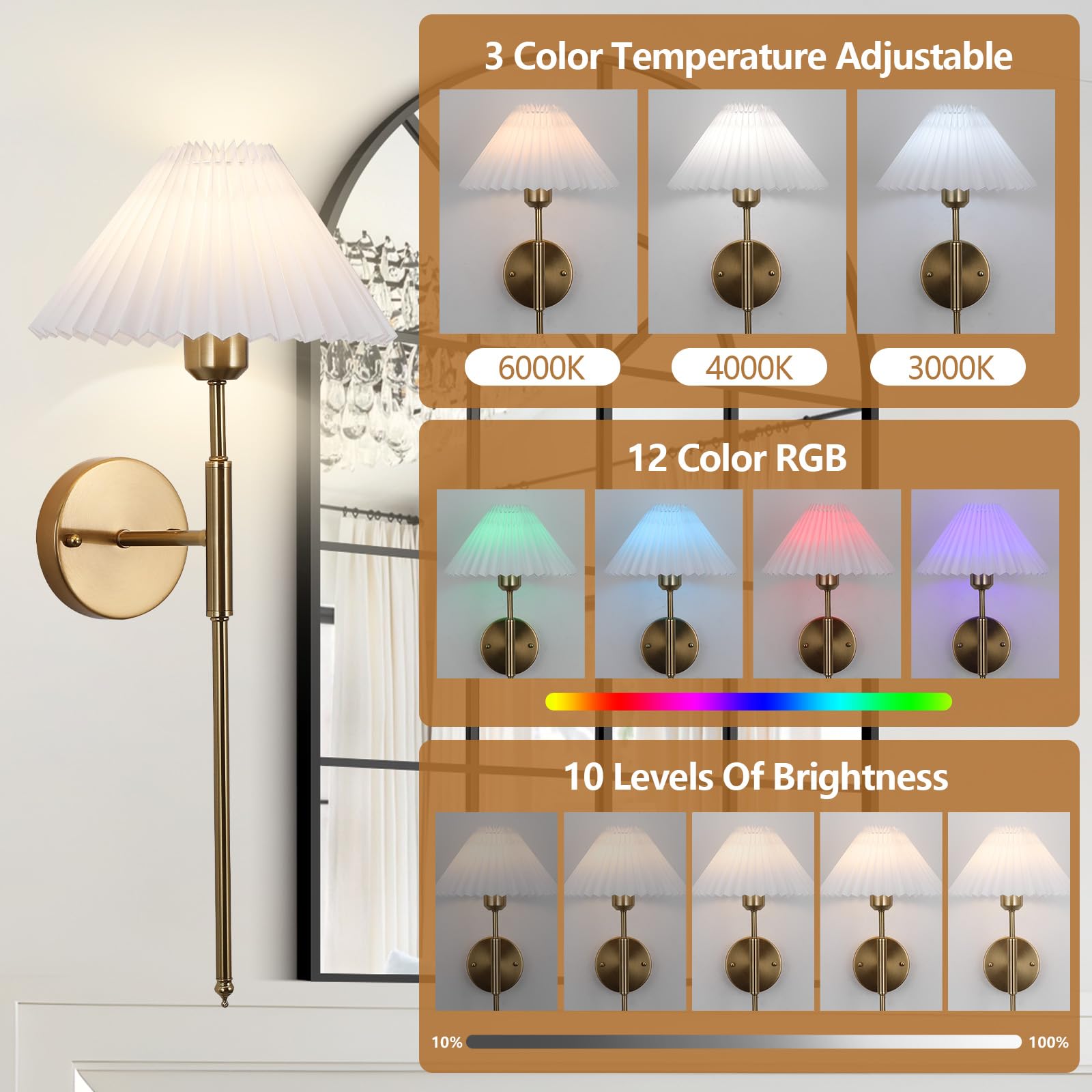 XIGUCUCN Rechargeable Wall Sconces Set of Two, Gold Metal, Dimmable with Remote Control, 15 Color Changing, Model XG-WL05GD