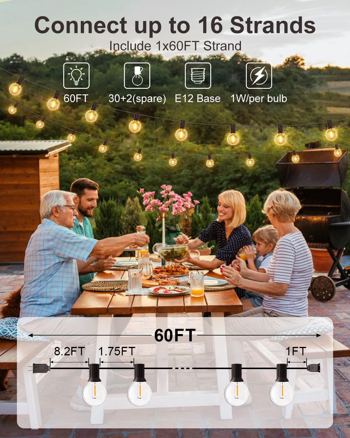 GLUROO Outdoor String Lights, 60FT LED Patio Lights, 32 Bulbs, Waterproof, 2700K Warm White, G40-Black, Model O301