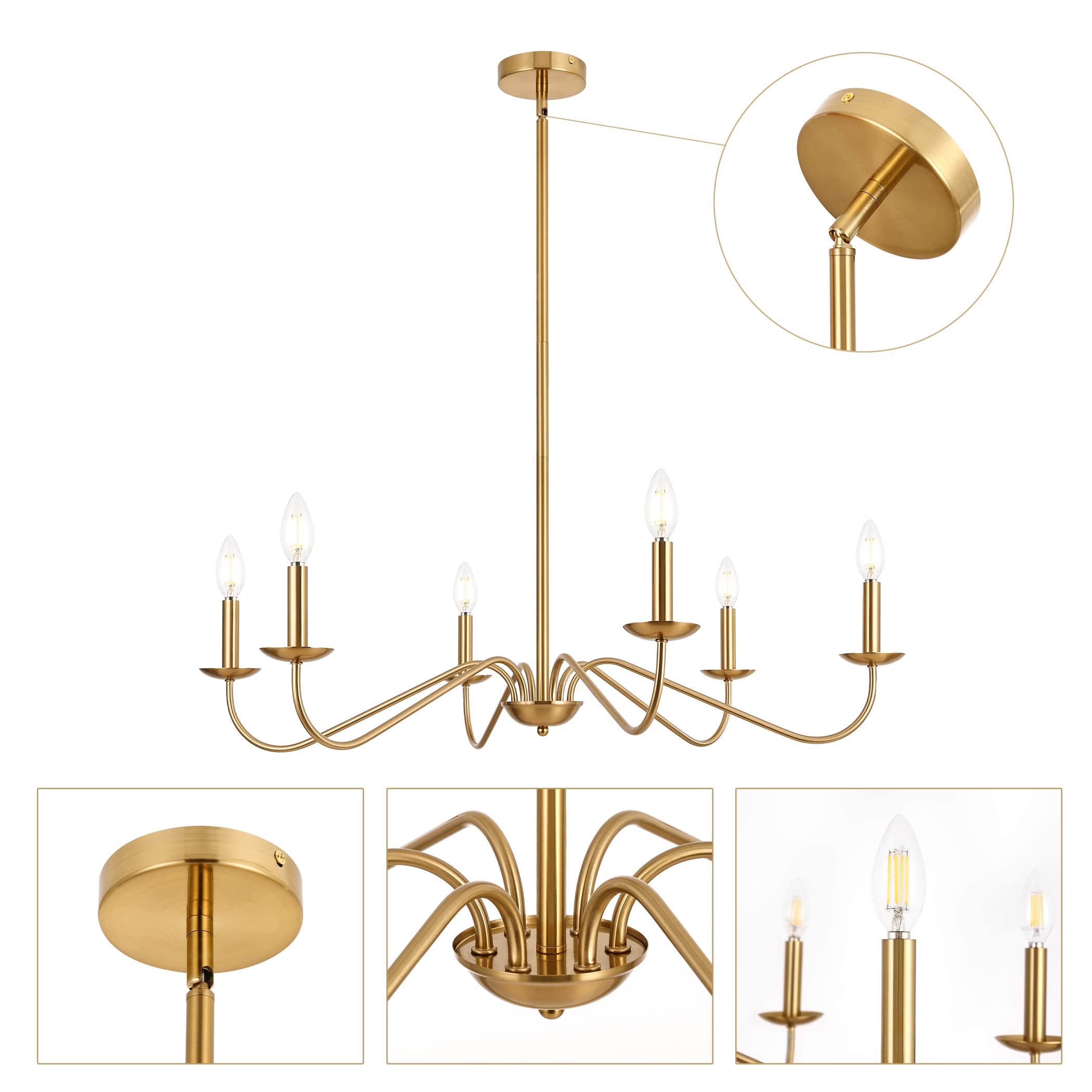 Jonsi Modern Gold Chandelier Light Fixture, 35 Inch Brushed Brass for Dining Room, Model X007P-6AGB