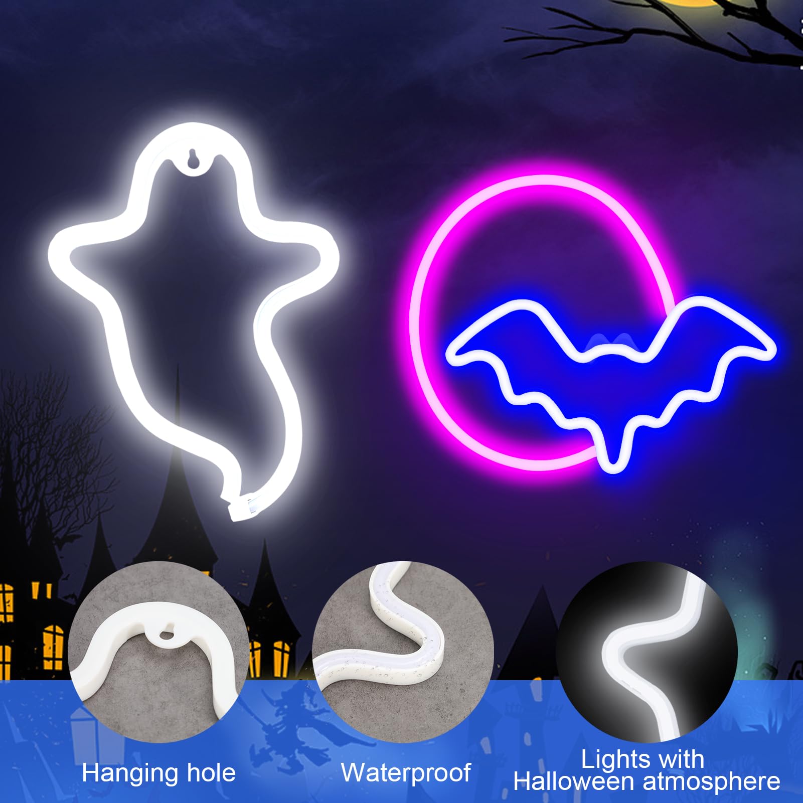 Zyp 2 Pack Halloween Led Neon Signs - Ghost, Bat & Moon Lights For Indoor Party Decor