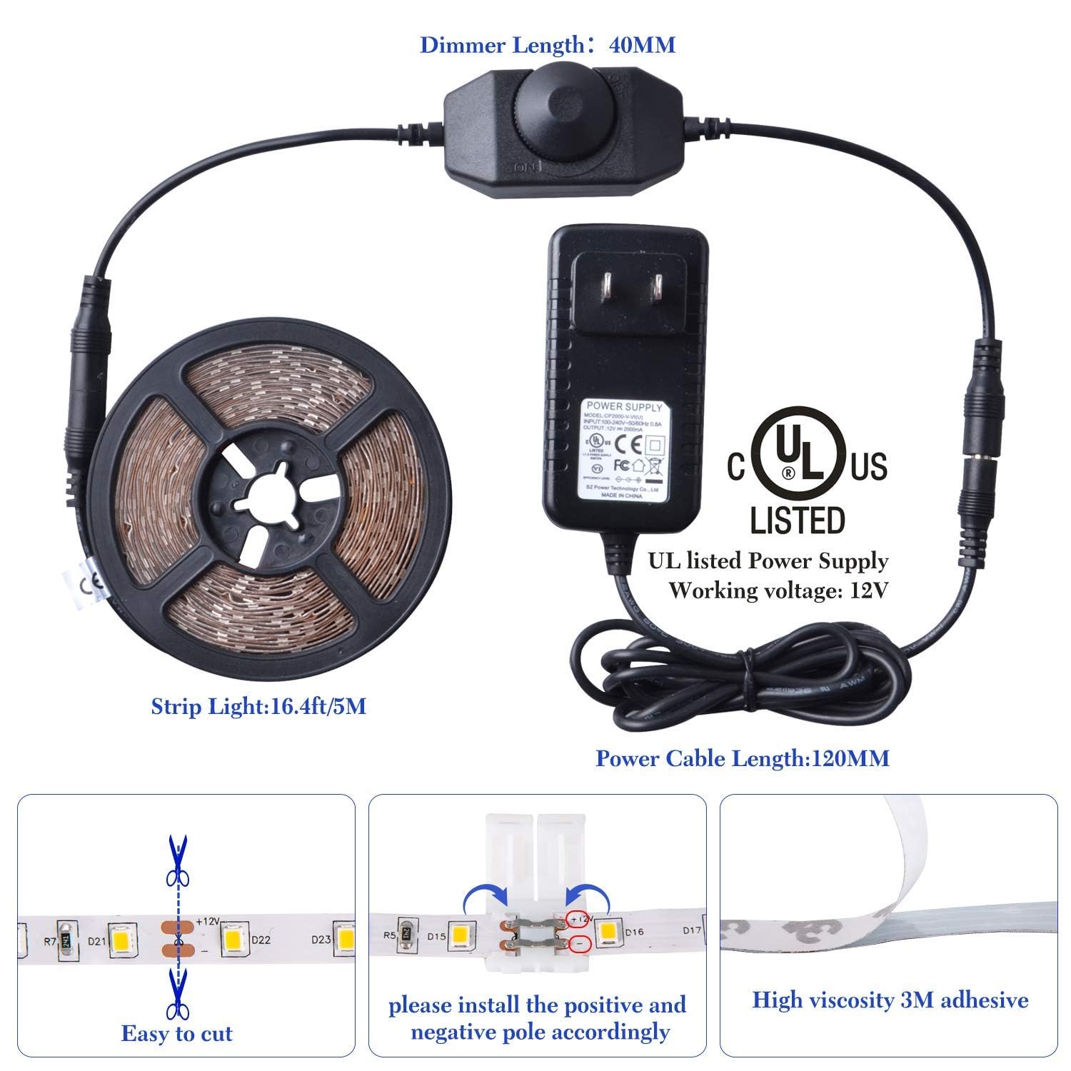 GUOTONG Warm LED Strip Lights, Waterproof 300 SMD 2835, 12V Flexible Ribbon, 16.4ft, Yellow, Kitchen/Outdoor Lighting