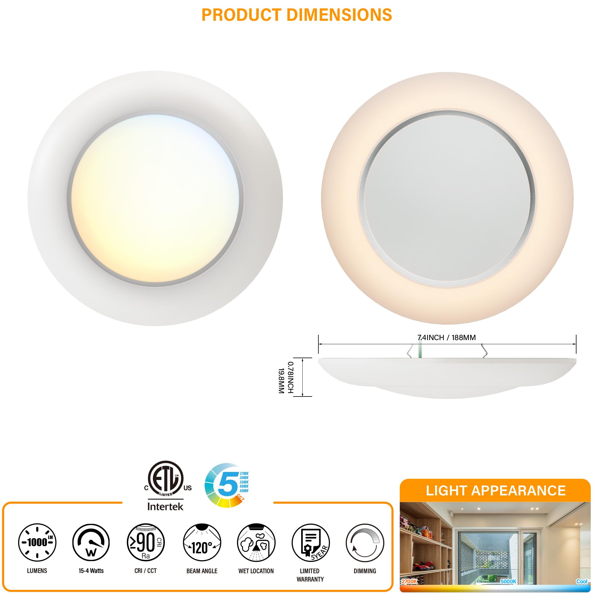JULLISON 6 Inch LED Disk Light, 15W, 1000LM, Dimmable, 5CCT Color Changing, ETL, Shower Wet Rated, White, 1