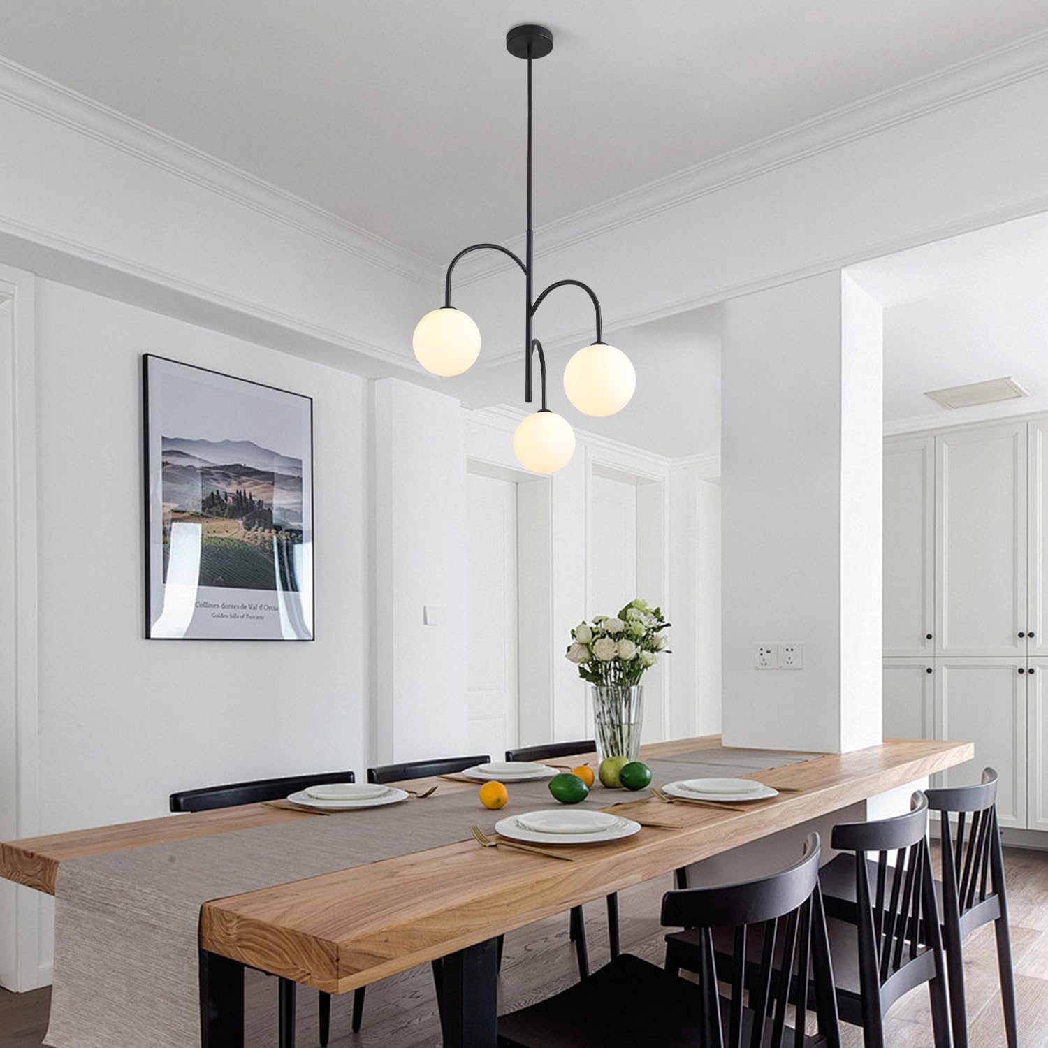 Flyrose 3-Light Milk Glass Chandelier, Black Globe Pendant, Vintage Farmhouse Light Fixture, Model FP2076-BW, White Frosted Glass
