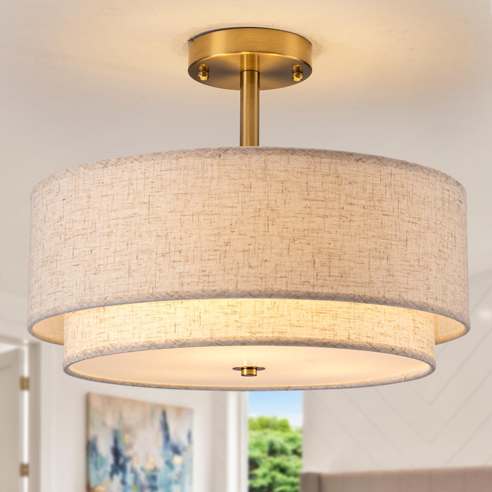 Aufrichting 16'' Semi Flush Mount Ceiling Light Fixture,Modern Close to Ceiling Light, 3-Lights Gold Drum Ceiling Light with Lin