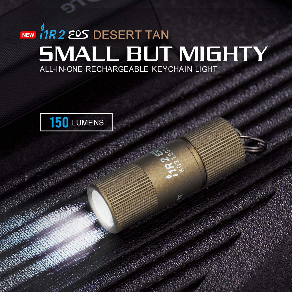 OLIGHT i1R 2 EOS Keychain Flashlight, 150 Lumens, Rechargeable, Aluminum, Desert Tan, EDC Mini Light for Camping & Hiking