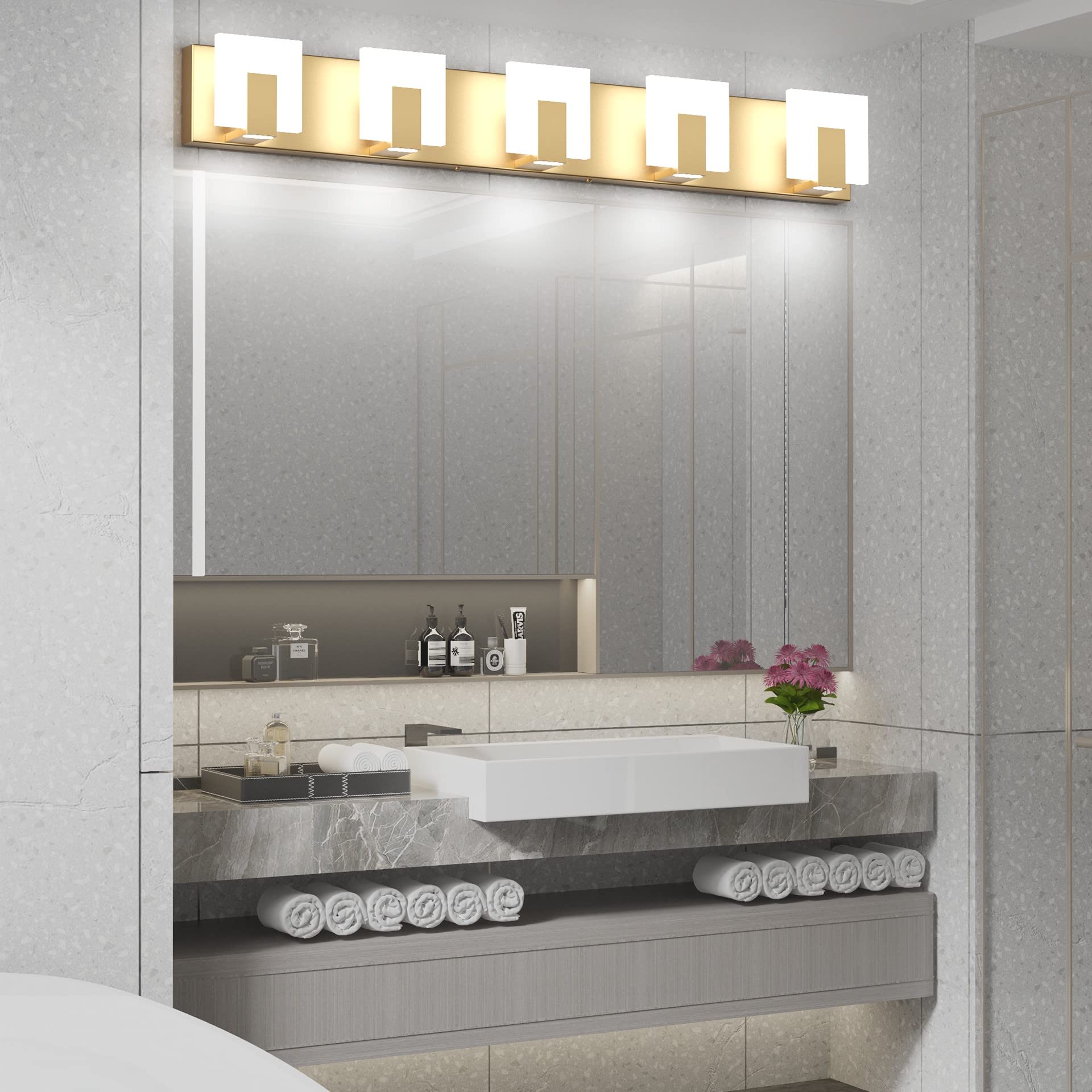 Aipsun Gold LED Bathroom Vanity Light Fixture, 5 Lights, Aluminum, Model GW-1105-5T-Gold, Modern Up and Down Wall Lighting