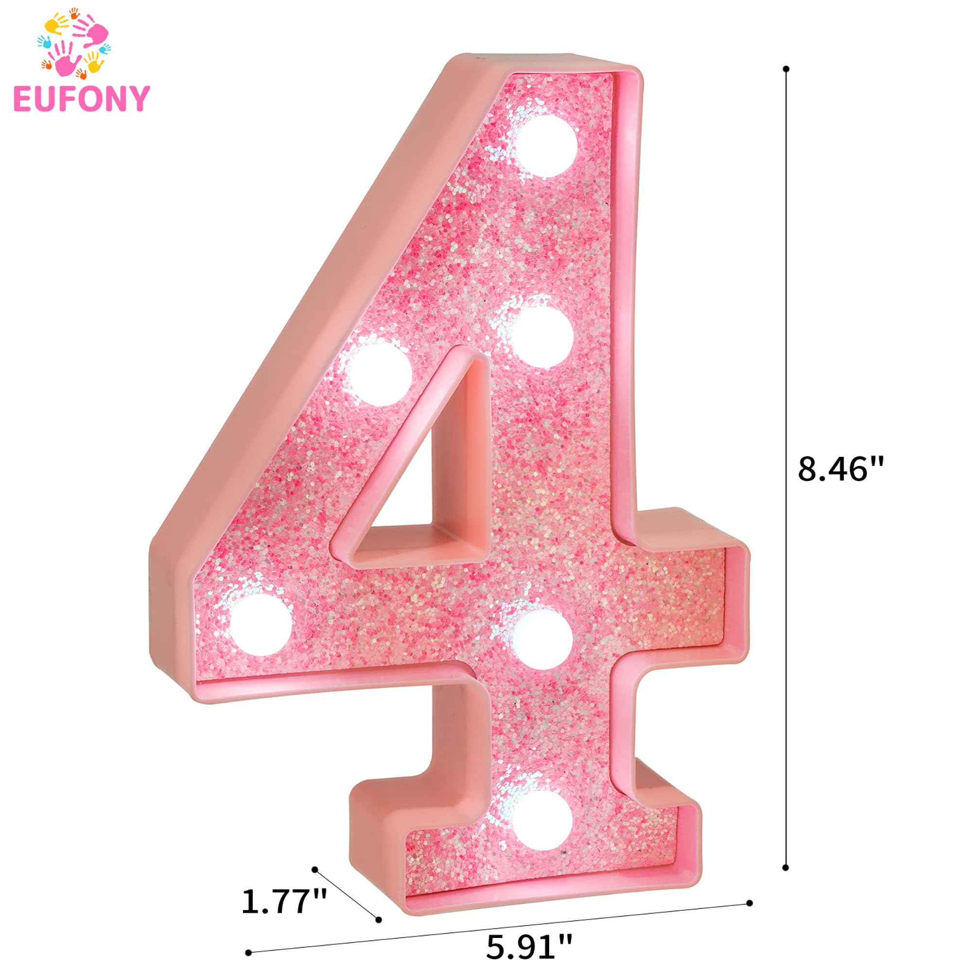 EUFONY Pink Glitter LED Marquee Light Up Number 4 with Cool White Lights, Battery-Powered Numbers sign for Girls Birthday Party