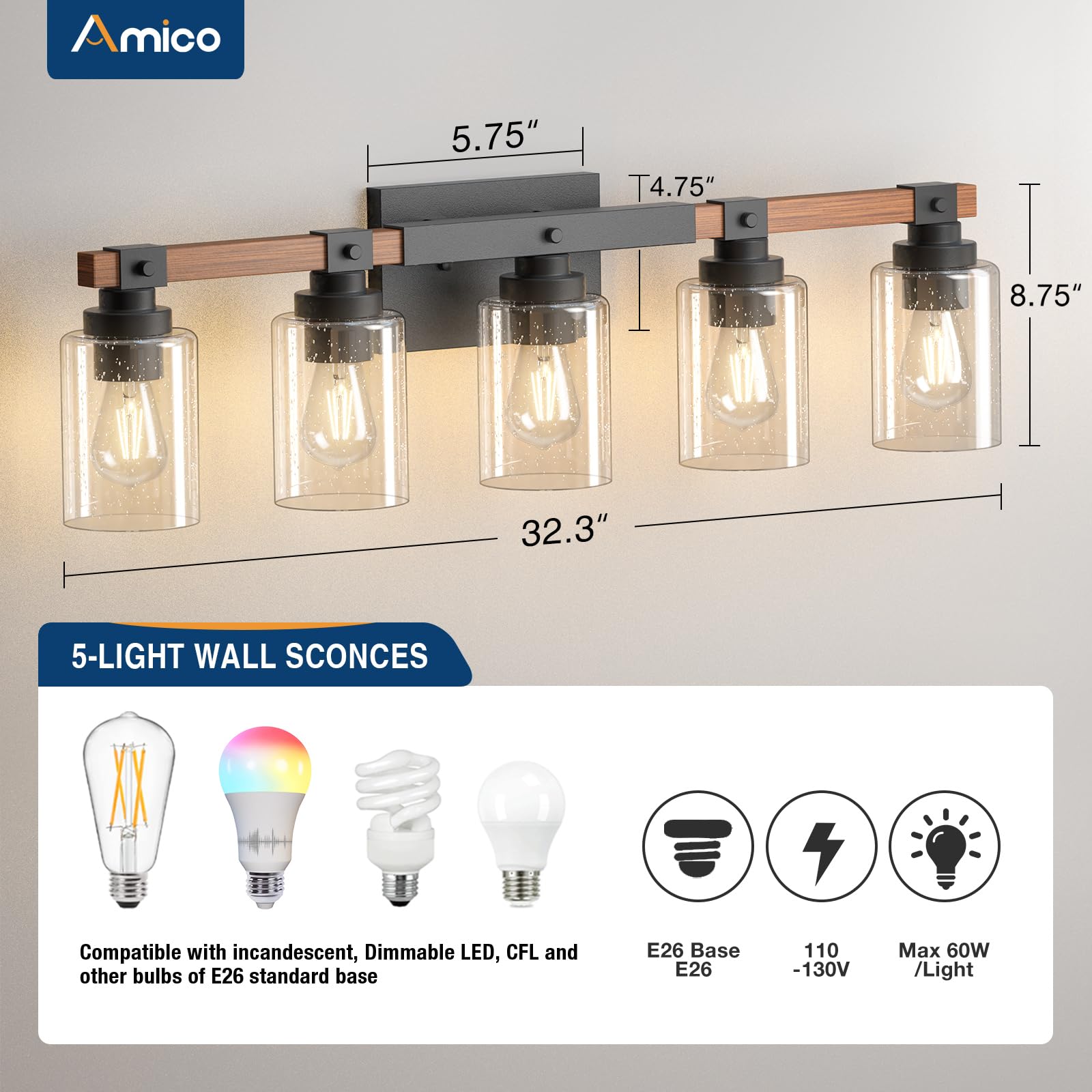 Amico Farmhouse Vanity Light Fixtures, Rustic 5-Light, Black Metal with Bubble Glass Shade, Model GYF-5