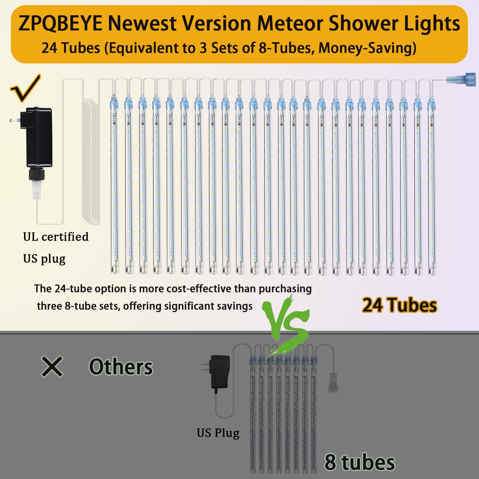 Zpqbeye Meteor Shower Lights Outdoor Christmas Lights 24-Tube 576Leds Snow Falling Rain Cascading Icicle Lights For Christmas Tree Decorations Wedding Party Holiday Garden Decor, Ul Plug Multi Color