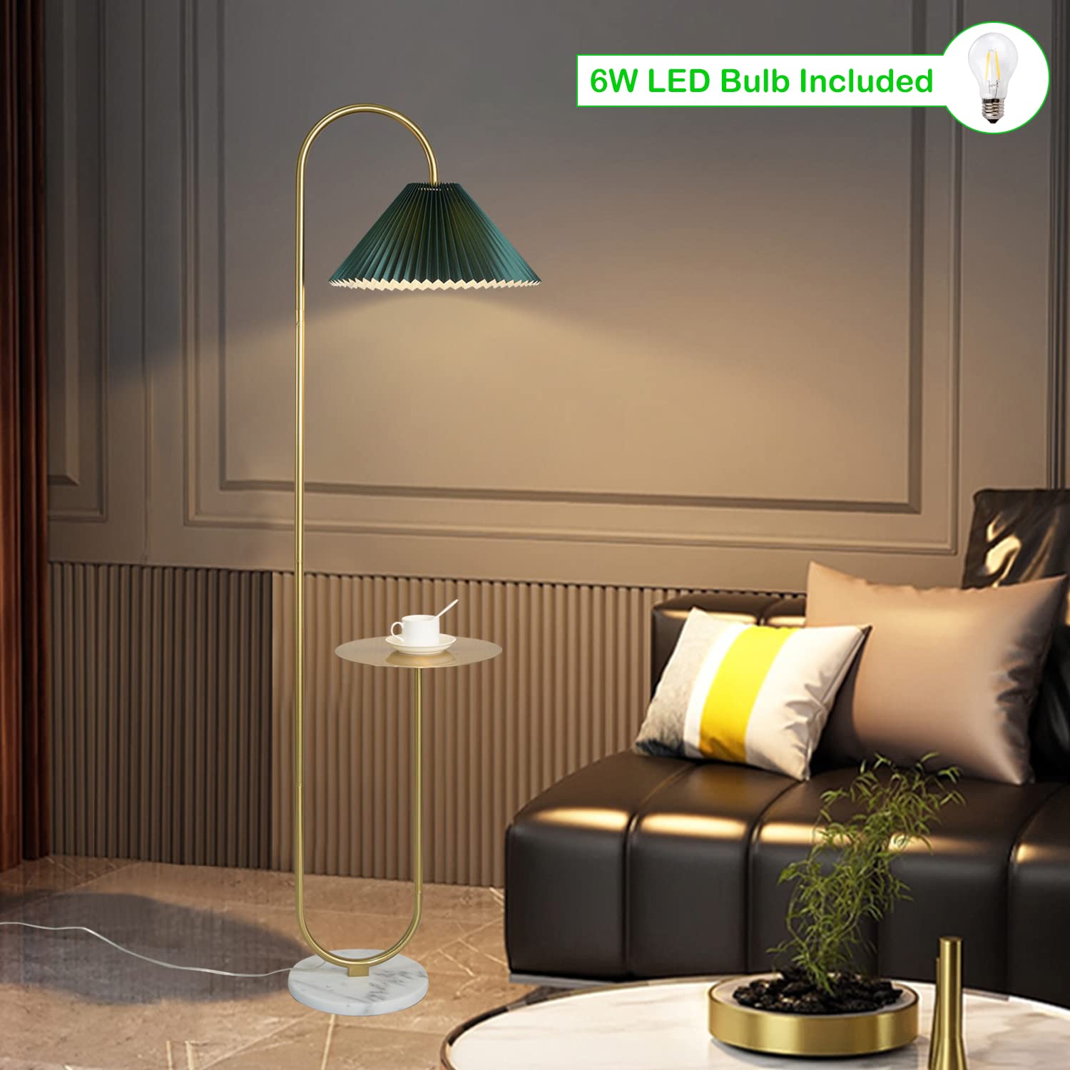 beaysyty Modern Elegant Floor Lamp with Tray, Brass Finish, Dark Green Pleated Lampshade, Foot Switch, Model CY4142
