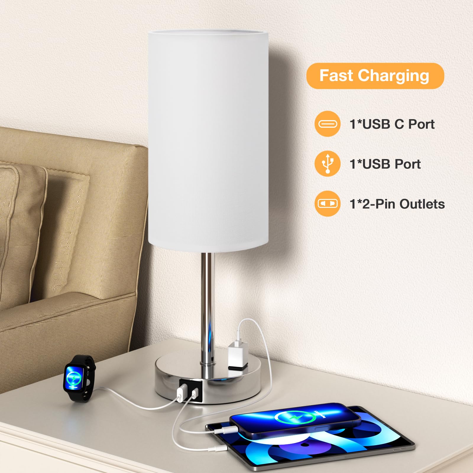 17.4Inch Bedside Touch Table Lamps For Bedroom - Tall Nightstand Lamp With Usb-C Usb-A Charging Ports White - 3 Way Dimmable Con