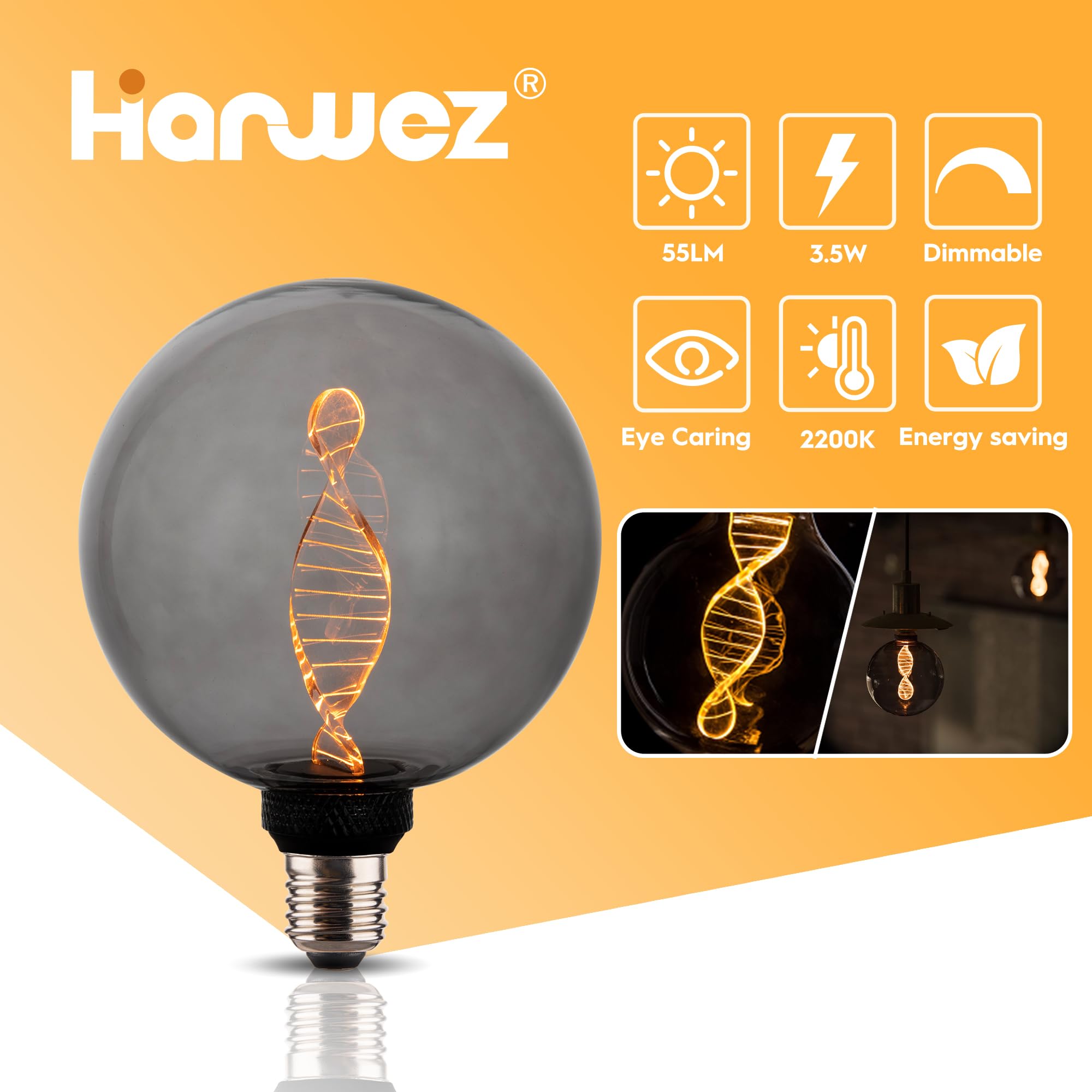 Harwez Globe Decorative LED Light Bulb, G125/G40, 3.5W Dimmable Smoke Glass, 2200K Soft Warm Mood Lighting, E26 Base, 1 Count