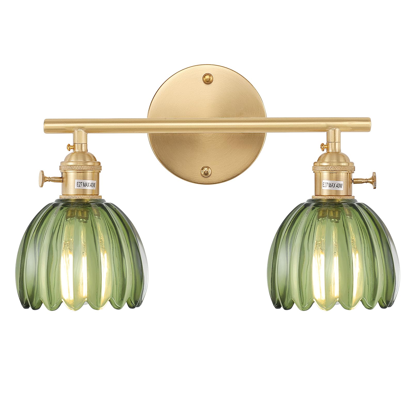 Shenmoyl 2-Light Brass Vanity Wall Light, Green Tulip Glass Shade, Hardwired, Model 1-9325 for Bathroom, Bedroom, Living Room