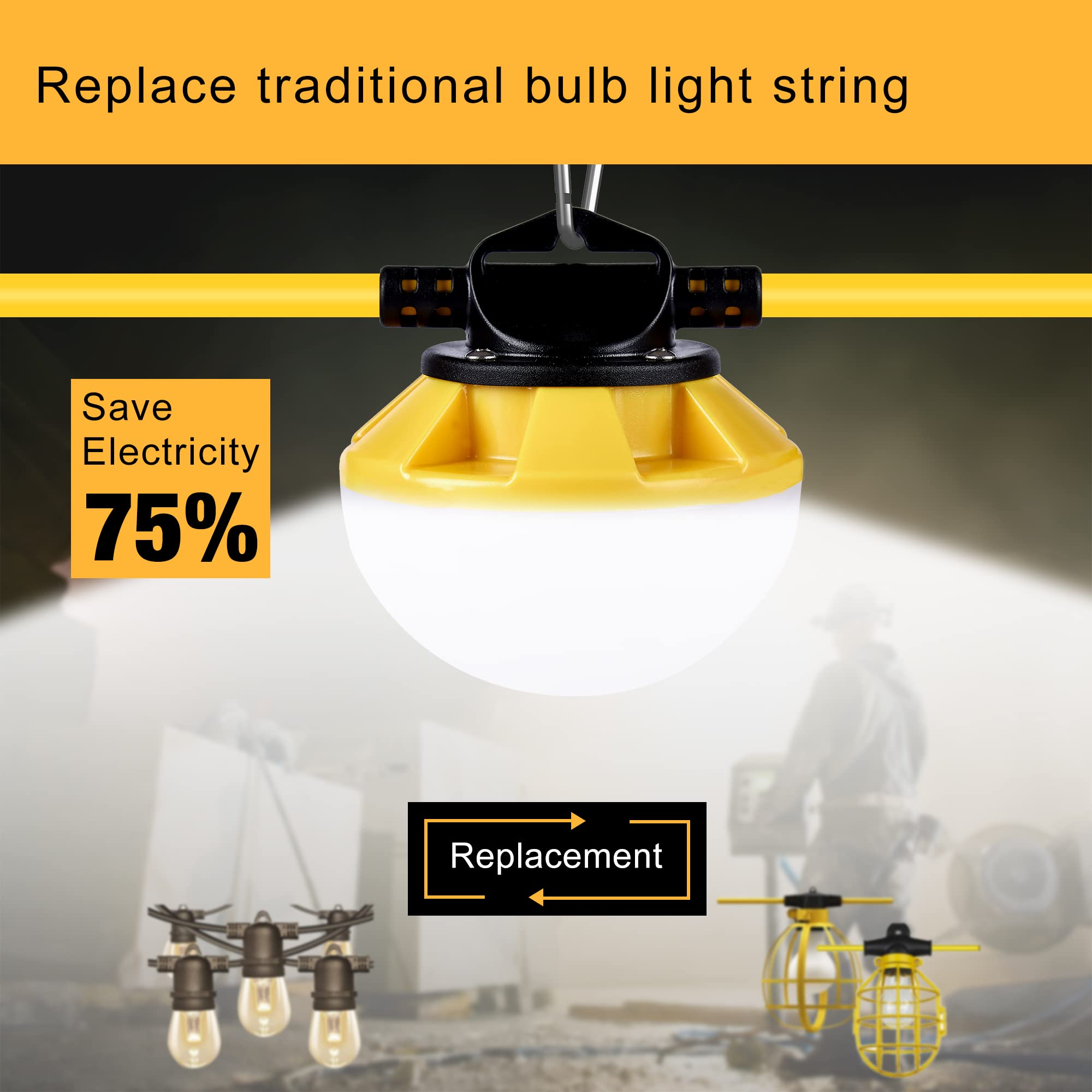 G GJIA 3-Prong String Lights, 100FT Linkable, ETL Certified, IP65 Waterproof, 5000K Daylight, Polycarbonate, Model H5-4S
