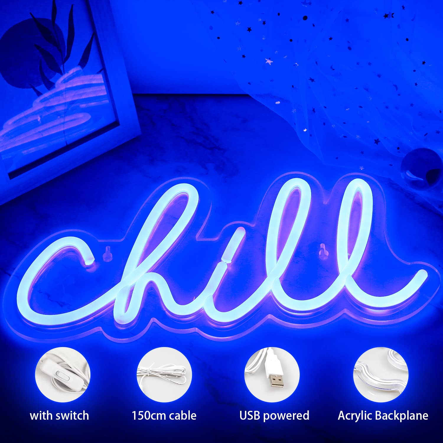 Wanxing Neon Sign - Chill Blue LED Wall Decor, USB Powered, 14.2in  x 6.9in , Model NS-chill