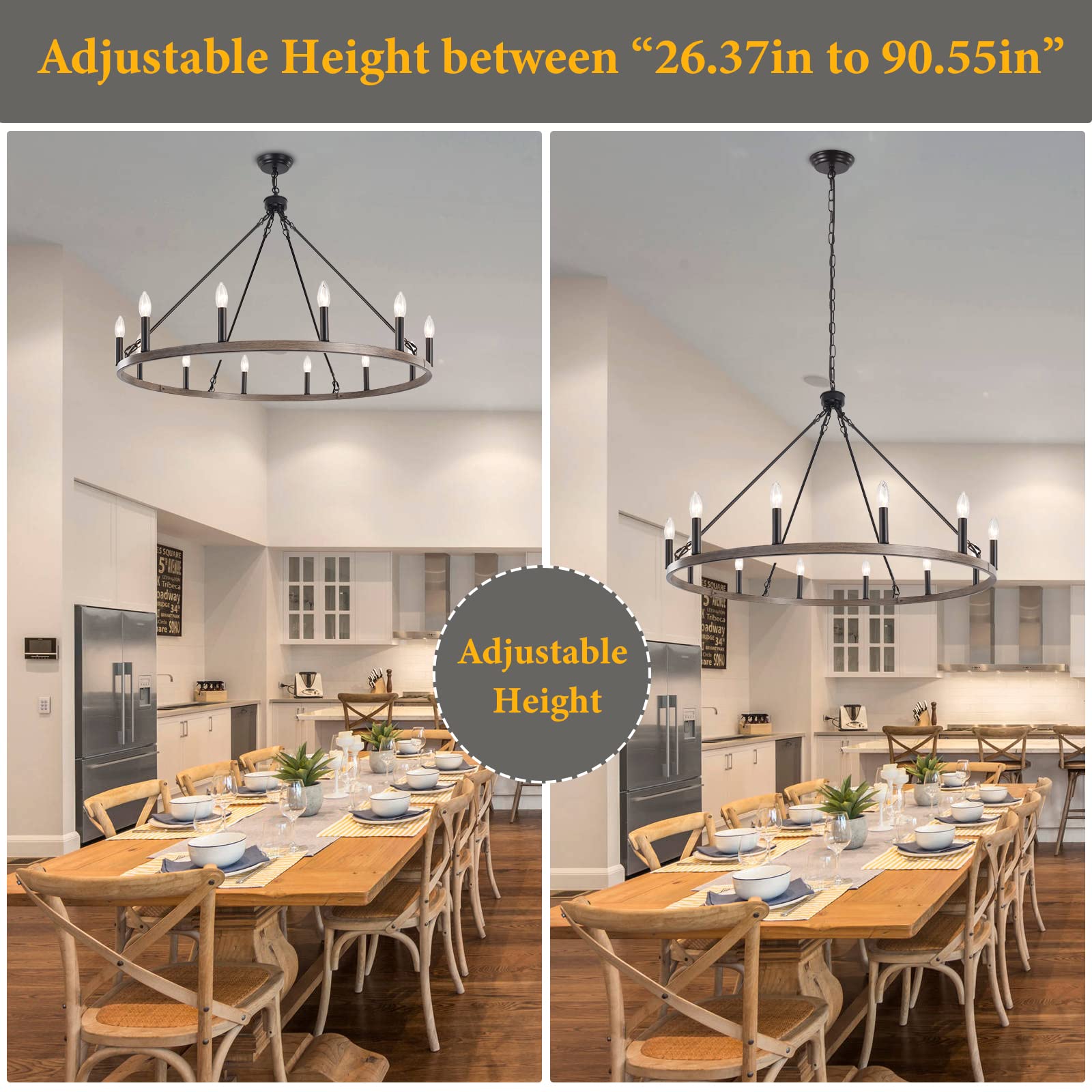 Zjvaive 12-Light Black Wagon Wheel Chandelier, 38''Rustic Farmhouse Chandelier,Round Hanging Ceiling Pendant Light Fixture,For K