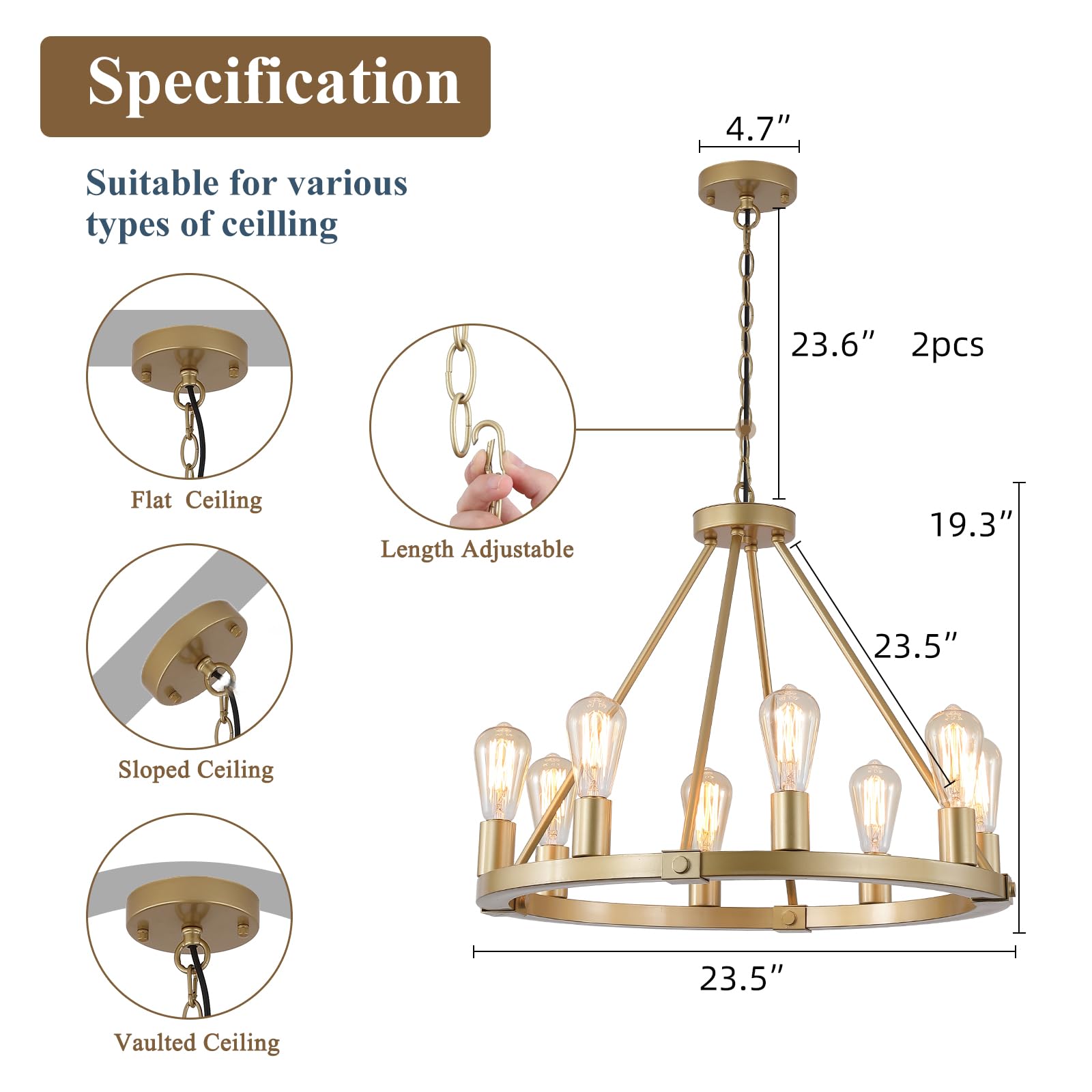9MMML Golden Wagon Wheel Chandelier, 8 Lights, Height Adjustable, Metal, Model MA8033P8GD, Luxury Pendant Light for Kitchen, Dining Room