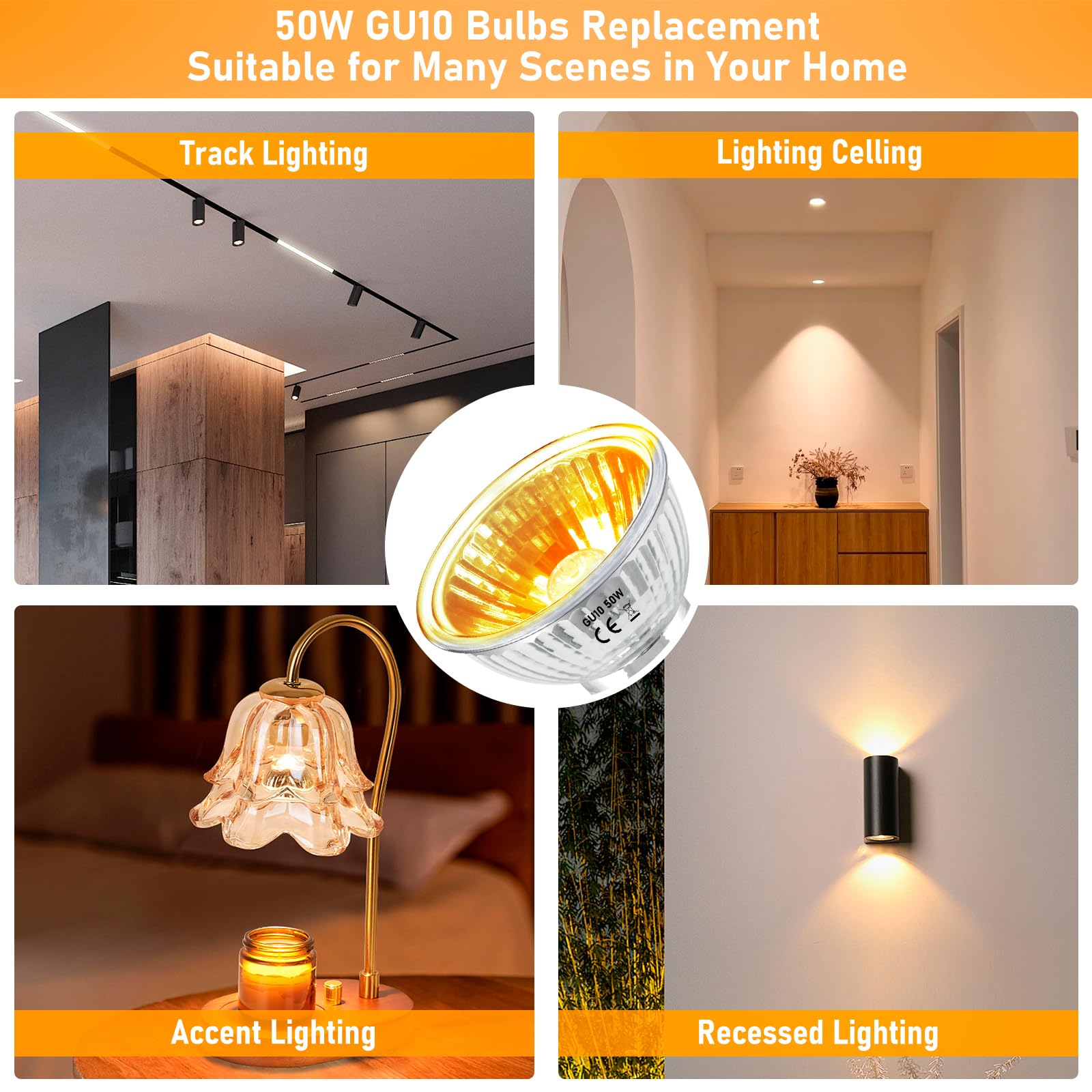 Jaenmsa 50W Gu10 Halogen Bulbs For Candle Warmer Lamp, 6Pcs Mr16 Gu10+C 120V 50W Halogen Light Bulbs 2 Pin Warm White 2800K, Dim