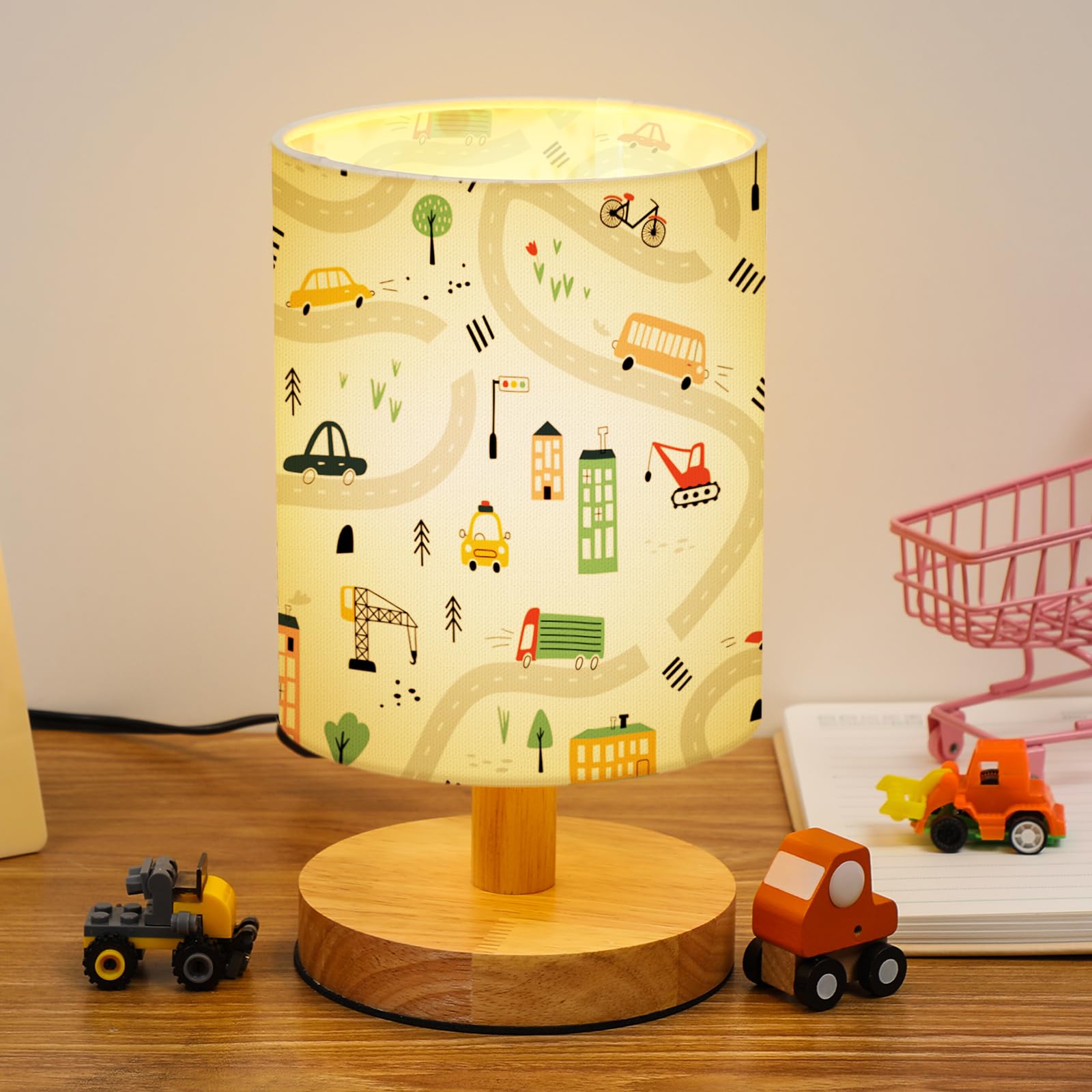 Vihose Transportation Kids Table Lamp For Bedroom Kids Bedside Lamp With Linen Wooden Nightstand Cartoon Nursery Decor Lampshade