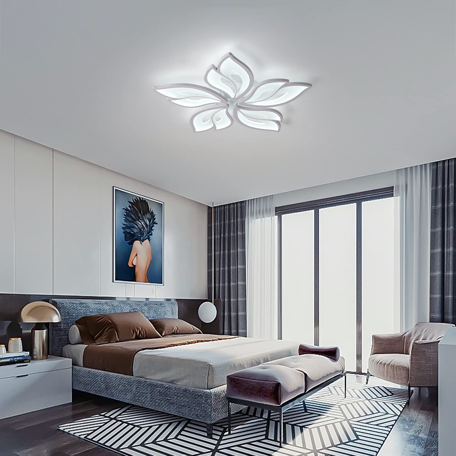 Garwarm Modern Ceiling Light, 23.6in Dimmable LED Chandelier, Remote Control, Iron, White, Model 6055-5-WJ