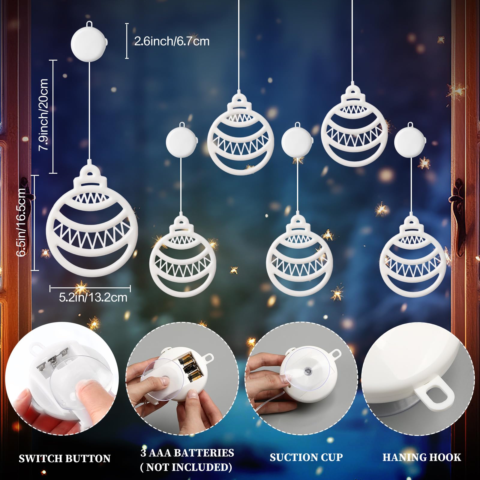 Gejoy Christmas Ball Window Lights - 6 Pcs Battery Powered Silhouette with Timer - Multicolor - Indoor/Outdoor Decor - Model GJ-Gejoy-890