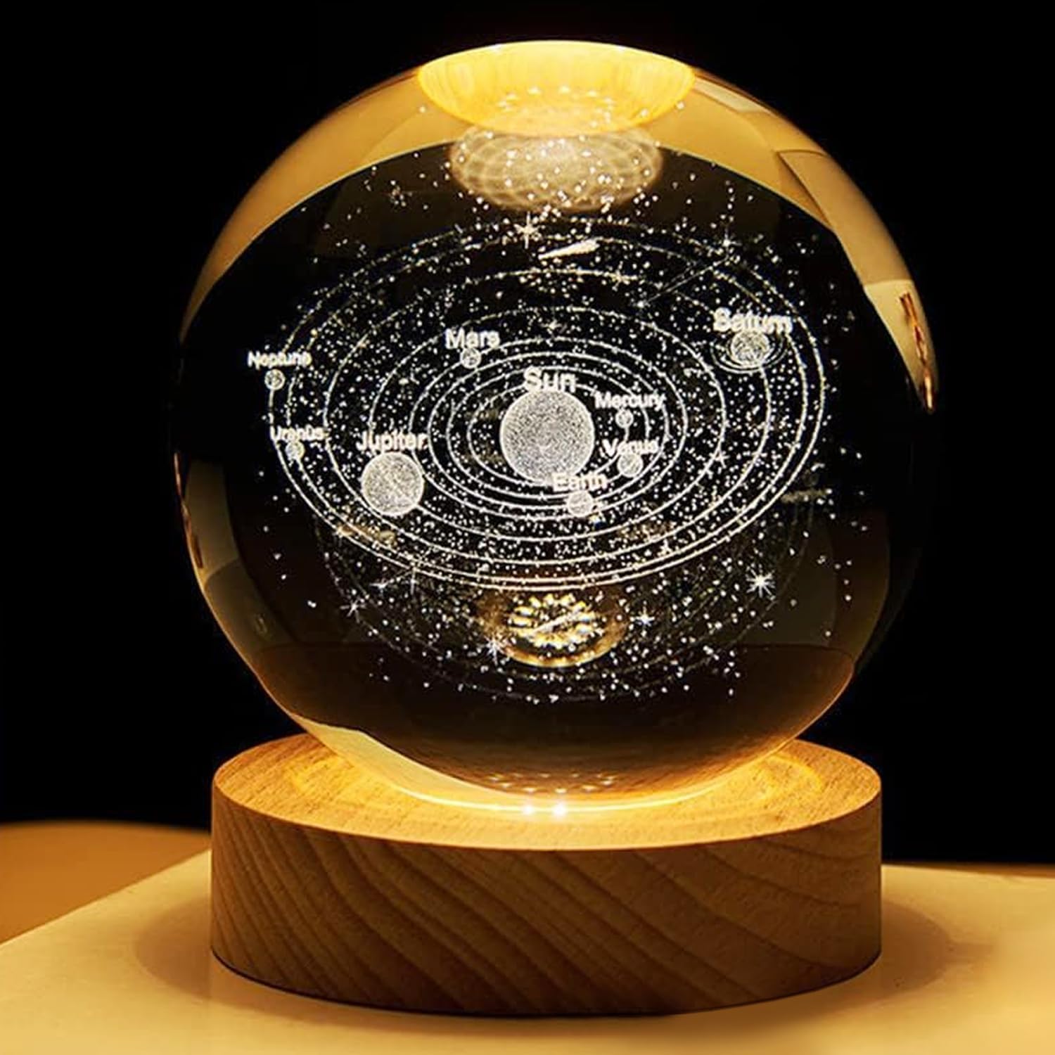 BITTZOOT 3D Galaxy Crystal Ball Night Lamp,Solar System Crystal Ball Night Light, USB Table Colorful LED Wooden Crystal Ball for