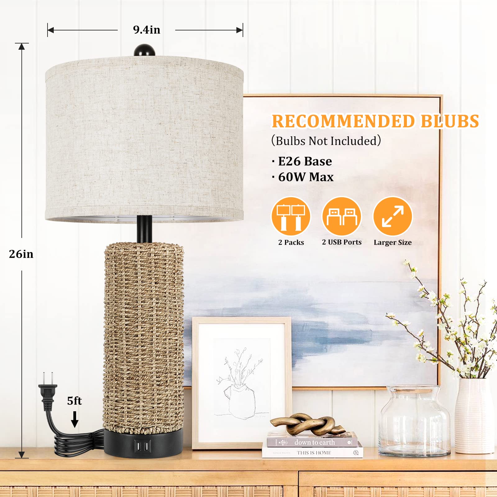 Beslowe 26'' Farmhouse Table Lamp For Bedroom, Set Of 2 Bedside Table Lamps With Handmade Seagrass Base And 2 Usb Ports, Rustic