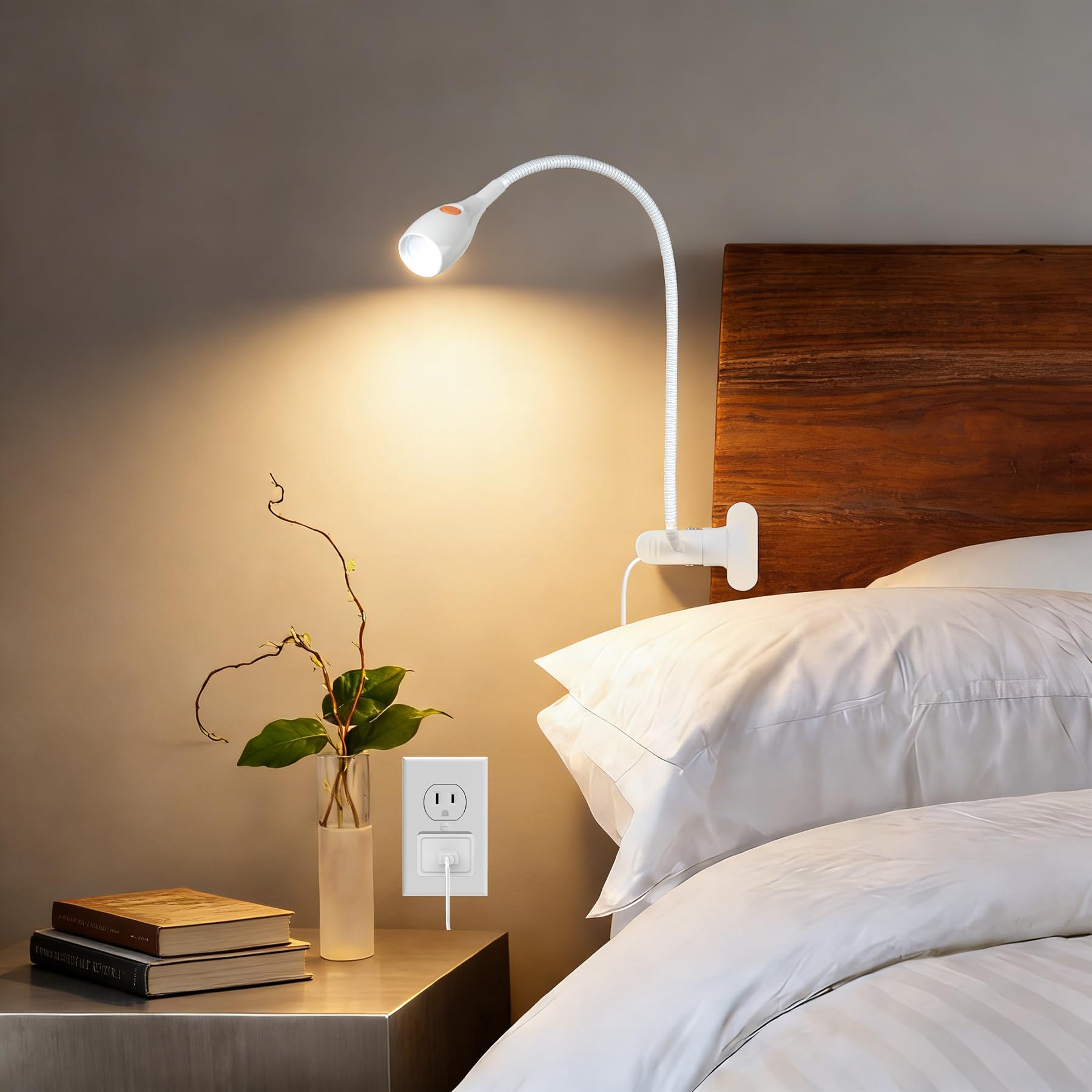 acegoo Minimalist Reading Light for Bed Headboard Dimmable White Book Light Clip on Lamp with USB-C Adapter, Flexible Neck & Han