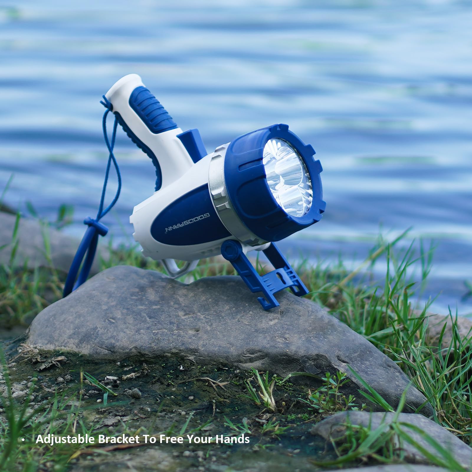 GOODSMANN Rechargeable Handheld Spotlight 3000 Lumen Waterproof LED Flashlight, Blue, Model 9924-H101-01, USB Adapter & Car Charger Included