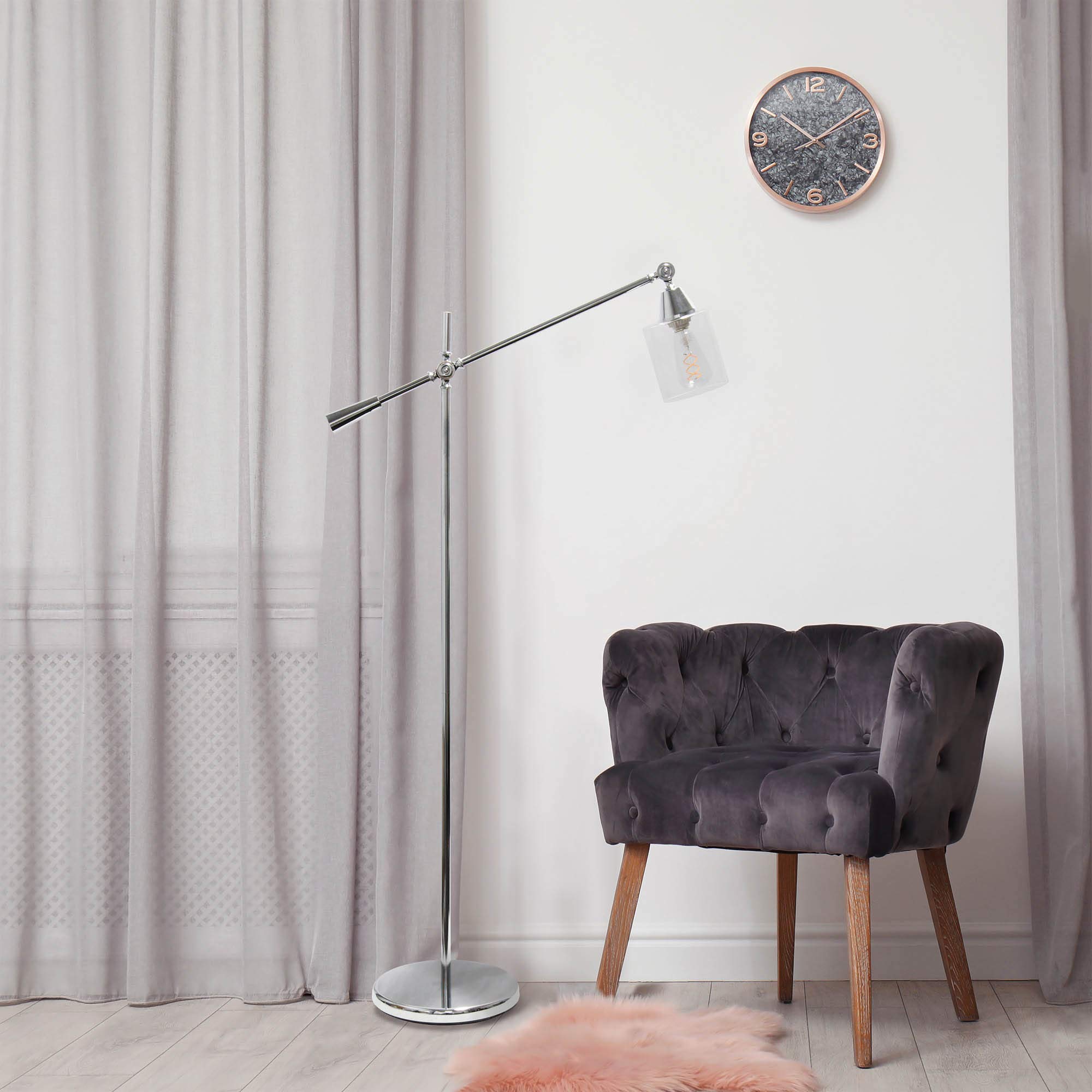 LALIA HOME Decorative Swing Arm Floor Lamp, Chrome, Metal, 30inL x 11inW x 56inH, Model LHF-5021-CH, Clear Glass Shade
