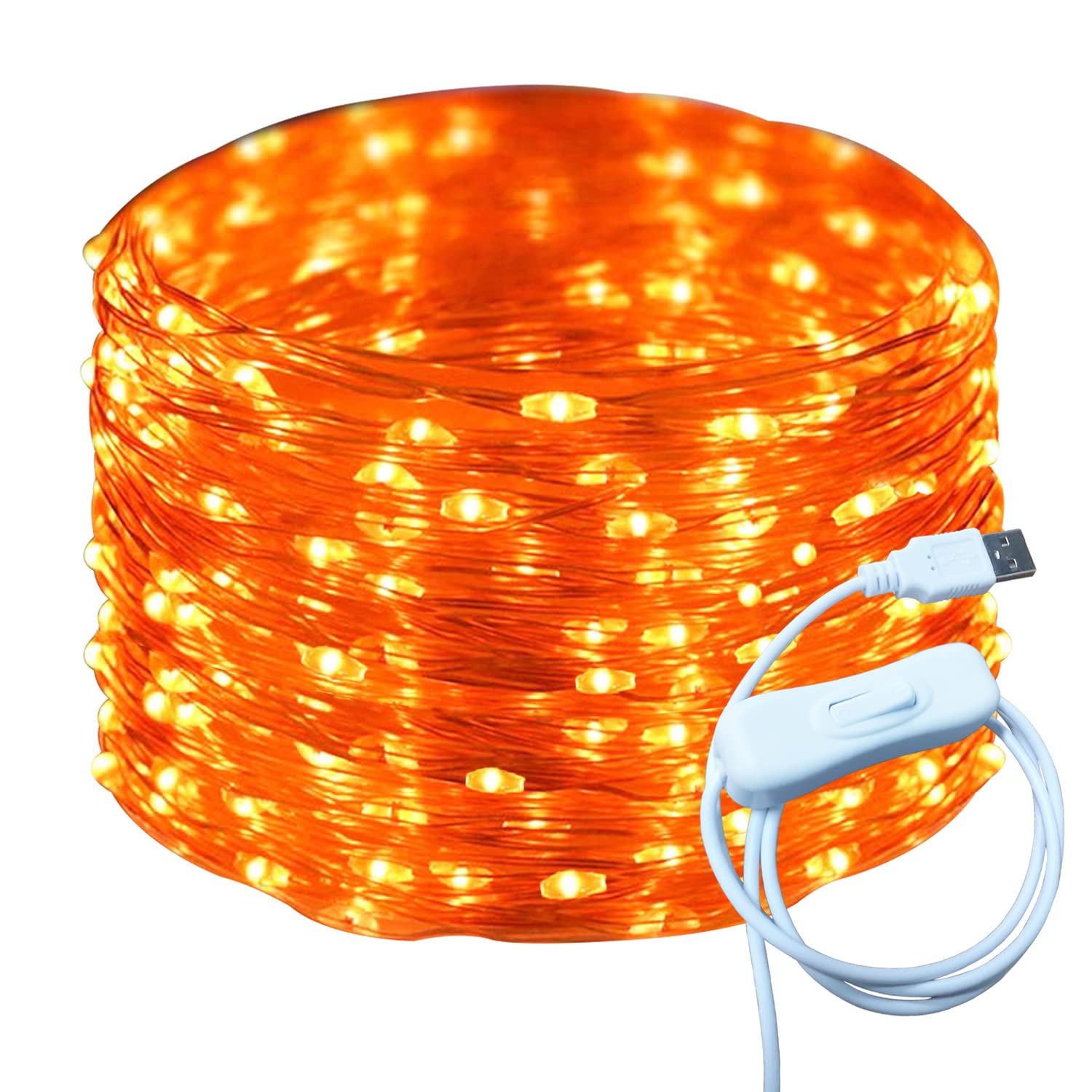 Ruichen 66Ft 200Led Usb Fairy String Lights - Orange Copper Wire With On/Off Switch