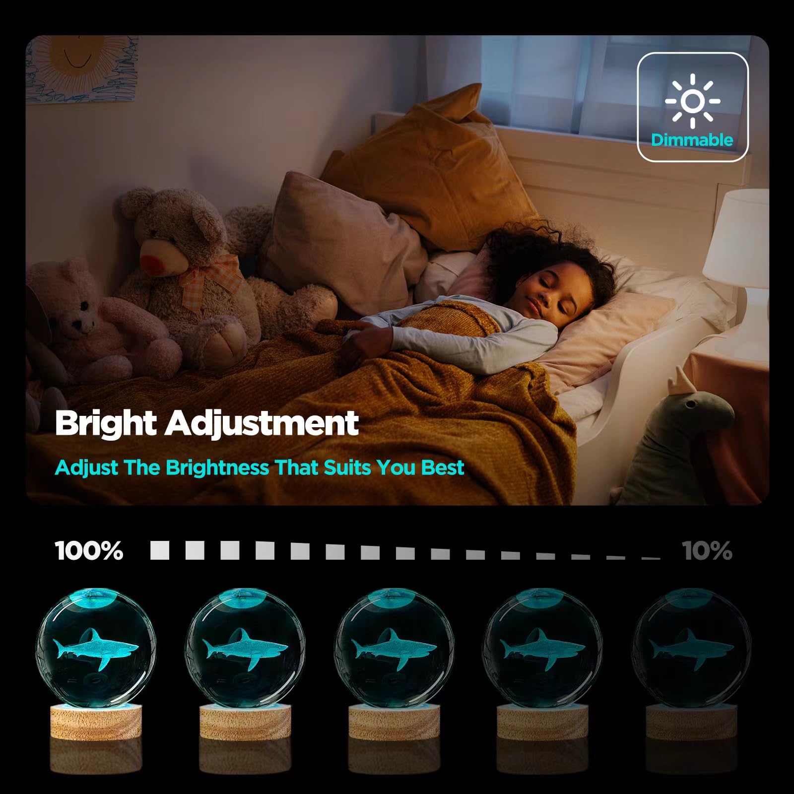Huntalg 3D Shark Crystal Ball Night Light With Remote Upgraded 3.15 In Shark Glass Ball Table Lamps With 16 Color Led Wooden Bas