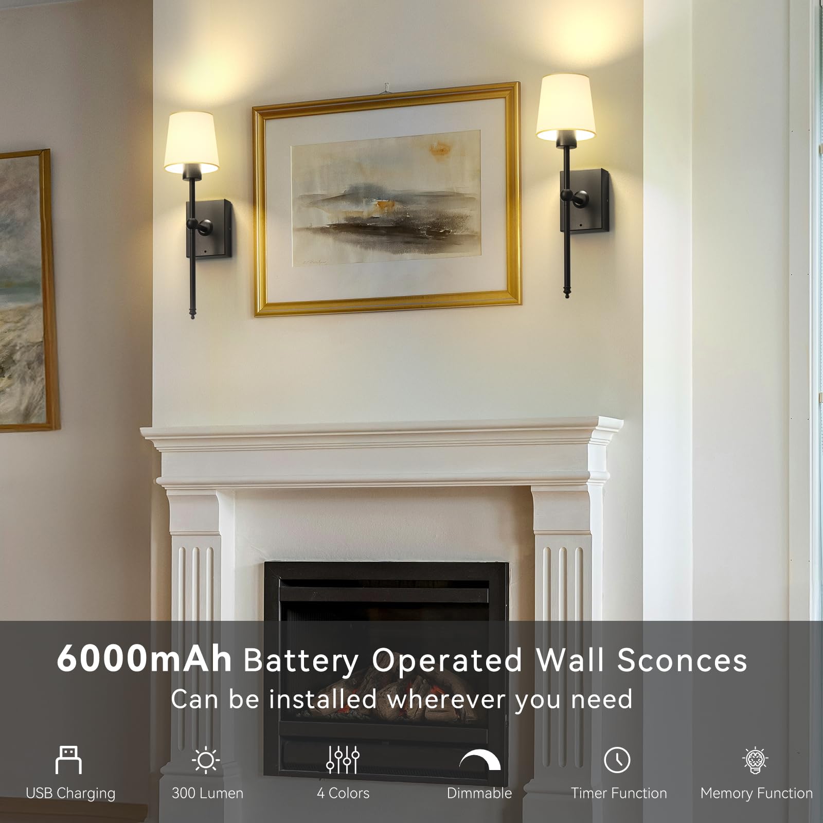 Rechargeable Battery-Operated Wall Sconces Set Of 2: Black Wireless Wall Lights With Touch And Remote  6000Mah Battery Powered Scone Lighting Cordless Wall Lamp For Bedroom Living Room Hallway