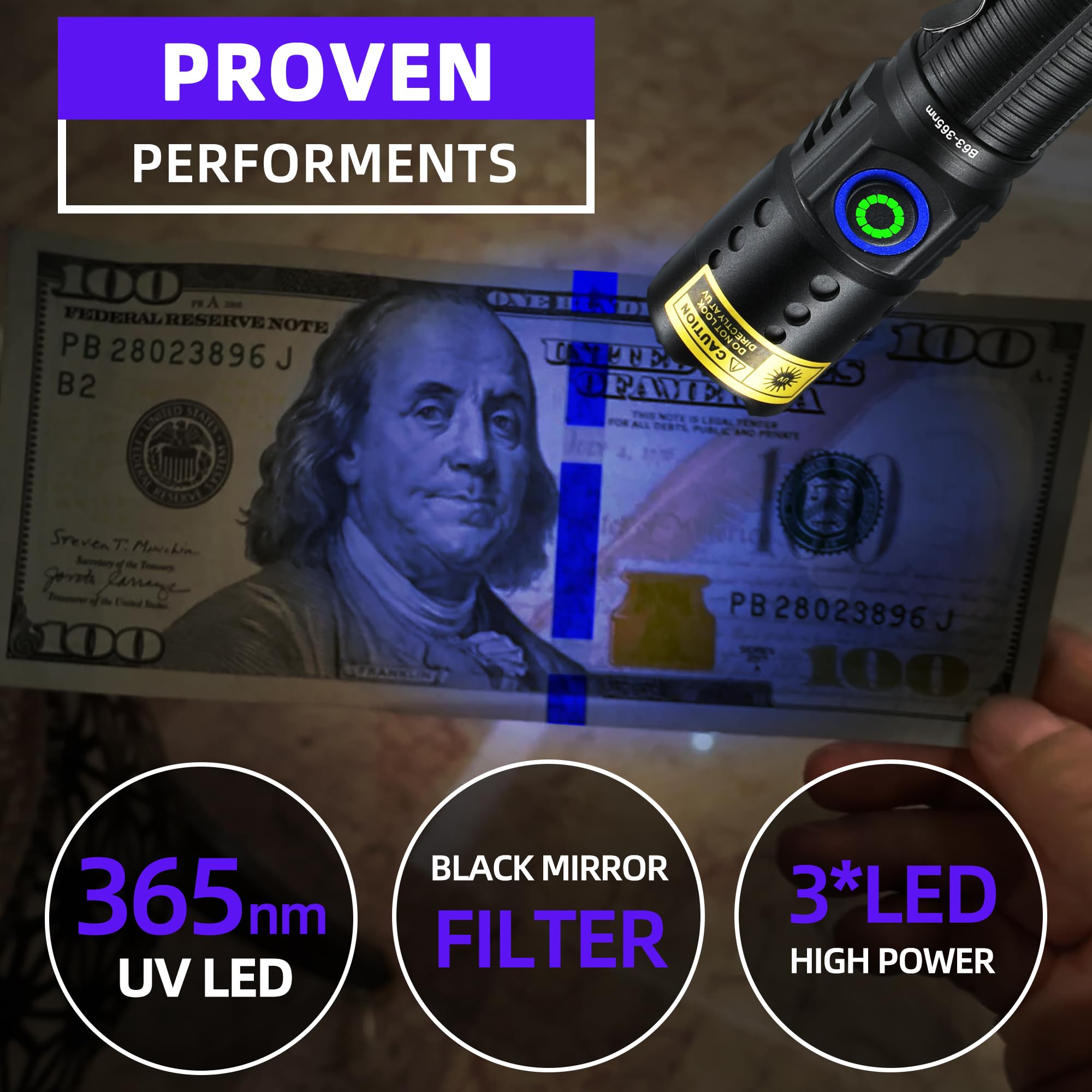 DARKBEAM 365nm UV Flashlight - 3 LED Mini Blacklight, Rechargeable, Pocket Size, Pure Black