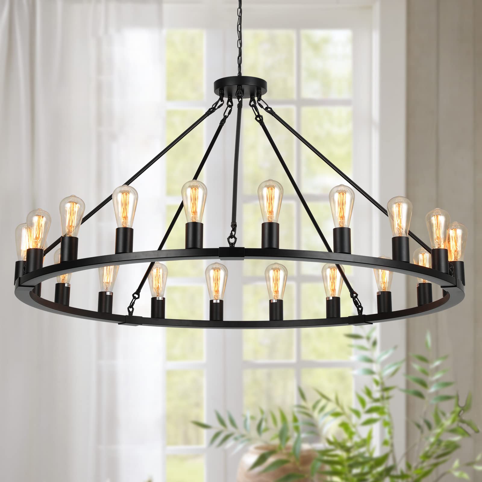 Senyshilon 20-Light Black Wagon Wheel Chandelier, 48&quot; Farmhouse Light Fixture For High Ceilings