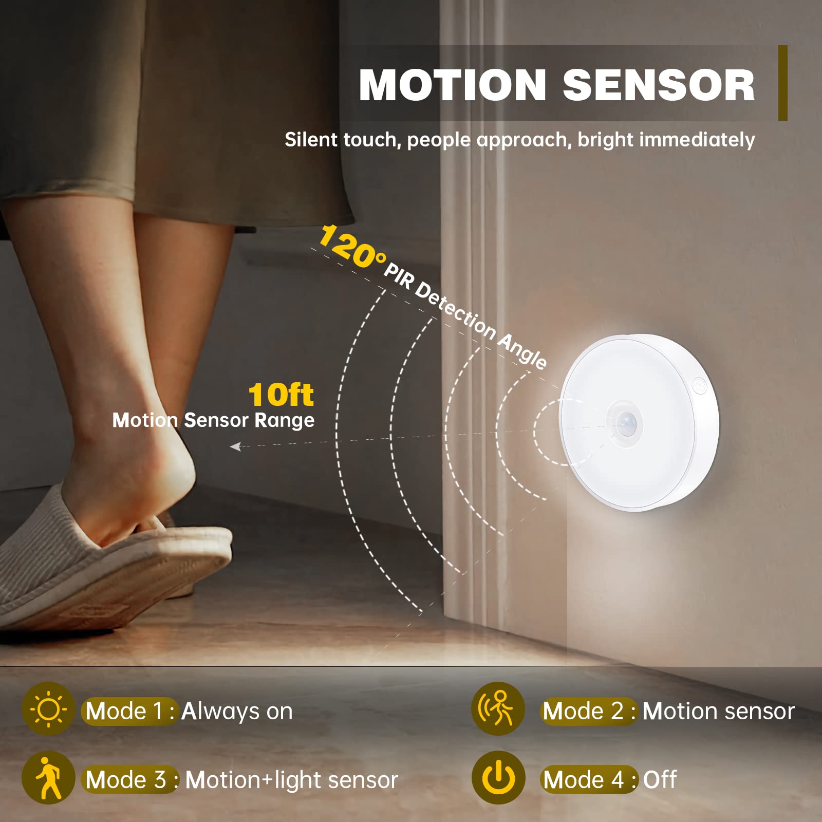 Lavaed 4 Pack Motion Sensor Puck Lights Indoor Led Closet Lights Usb Rechargeable Battery Powered Night Light 9Leds 6000K Dimmab