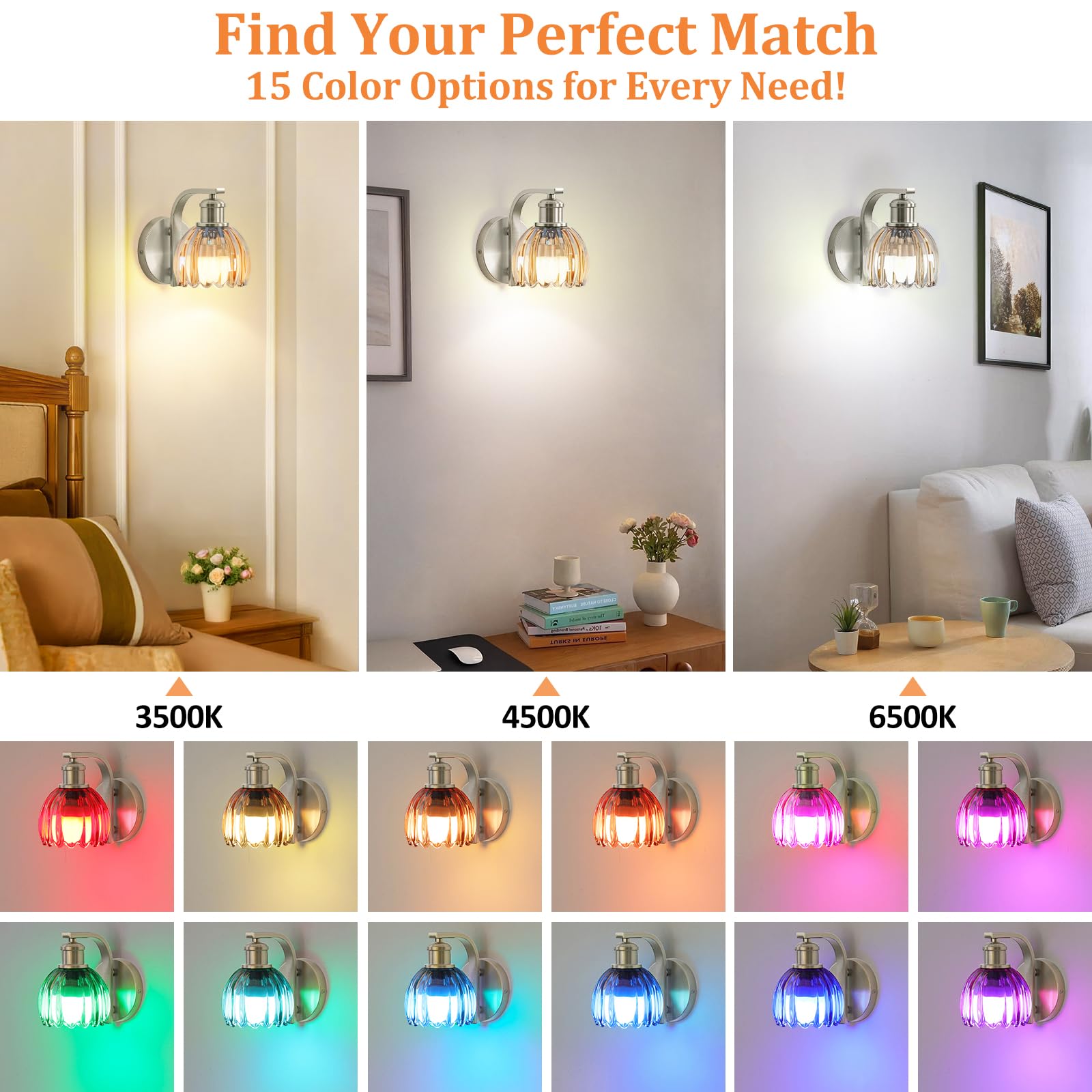 VerRon Rechargeable Wall Sconce Set of 2, Amber Glass, Wireless, Remote Control, Brushed Nickel, Model B05092P(2PK)