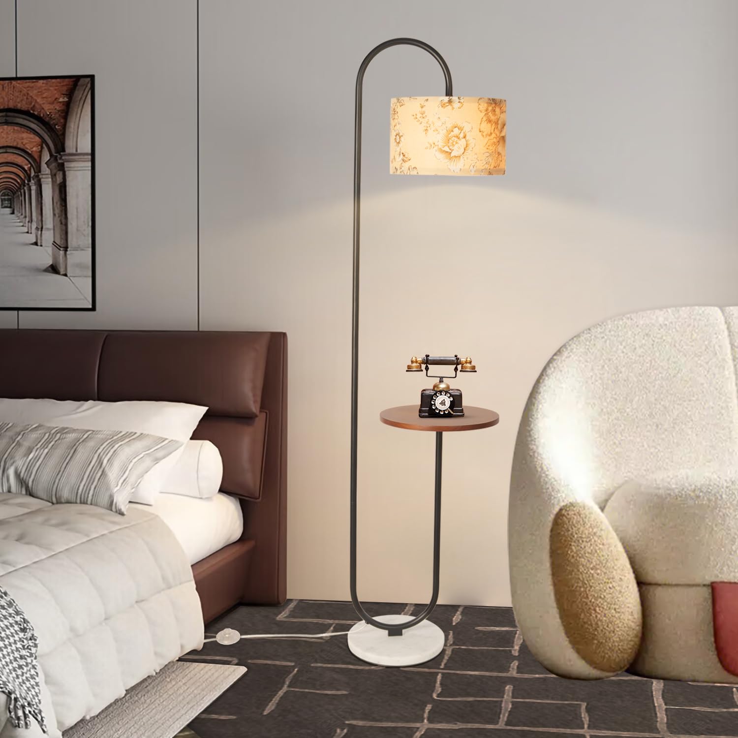 Hsyile Arc Floor Lamp With Hanging Drum Shade For Living Room-Marble Base Modern Tall Stand Up Light With Table, Contemporary Ov