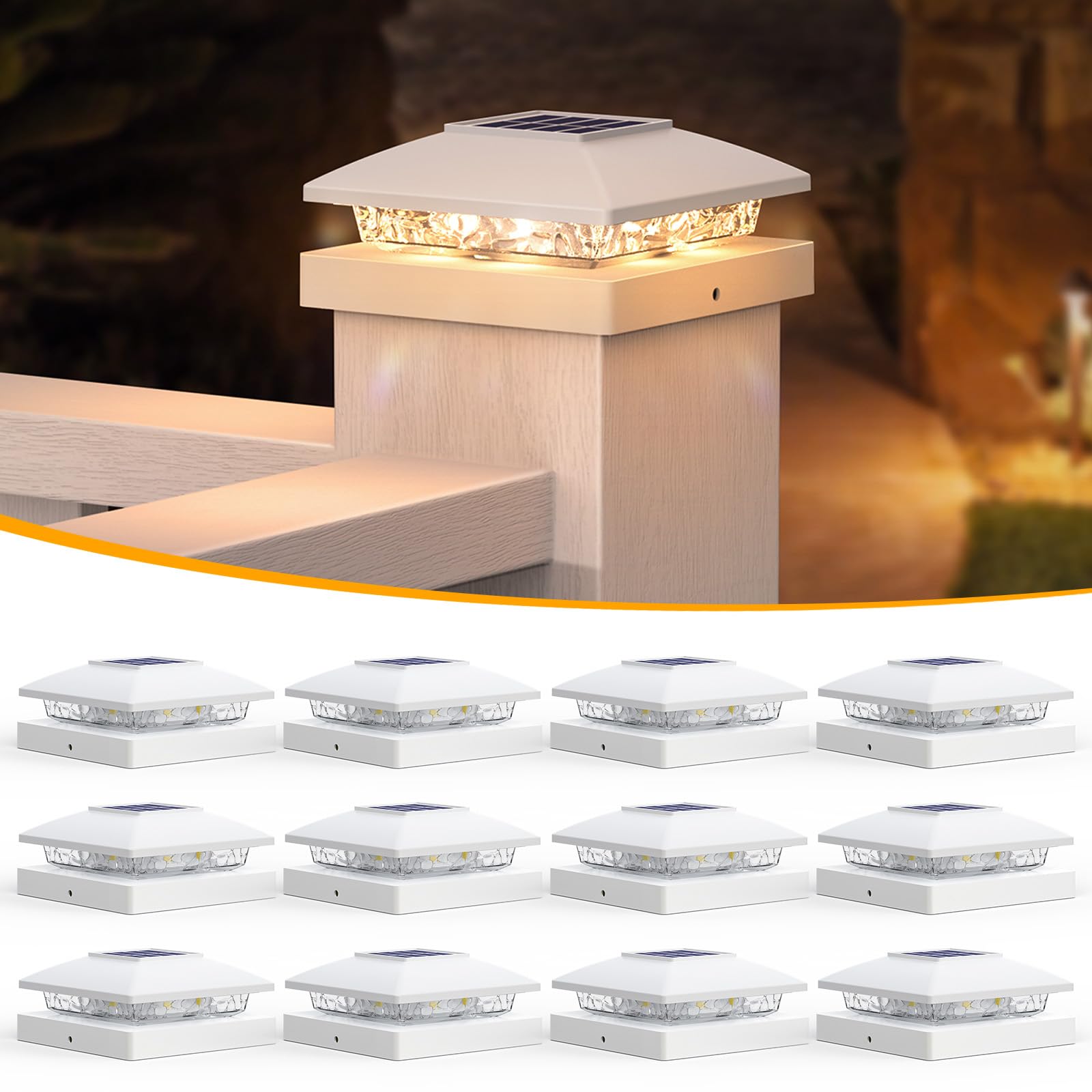 APONUO Solar Post Cap Lights, 15LM LED, IP65 Waterproof, Fits 4x4 Posts, 12 Pack, White
